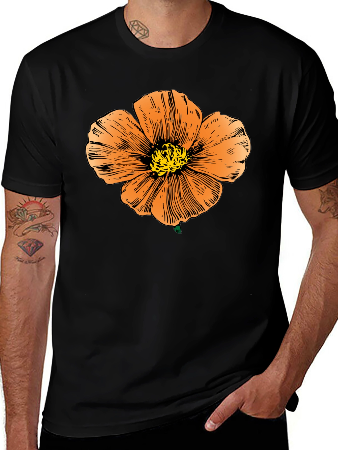 Black T-Shirt with Orange Flower Graphic