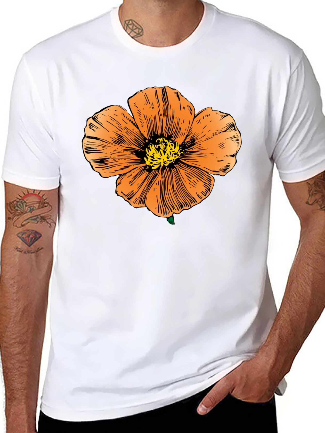 Black T-Shirt with Orange Flower Graphic