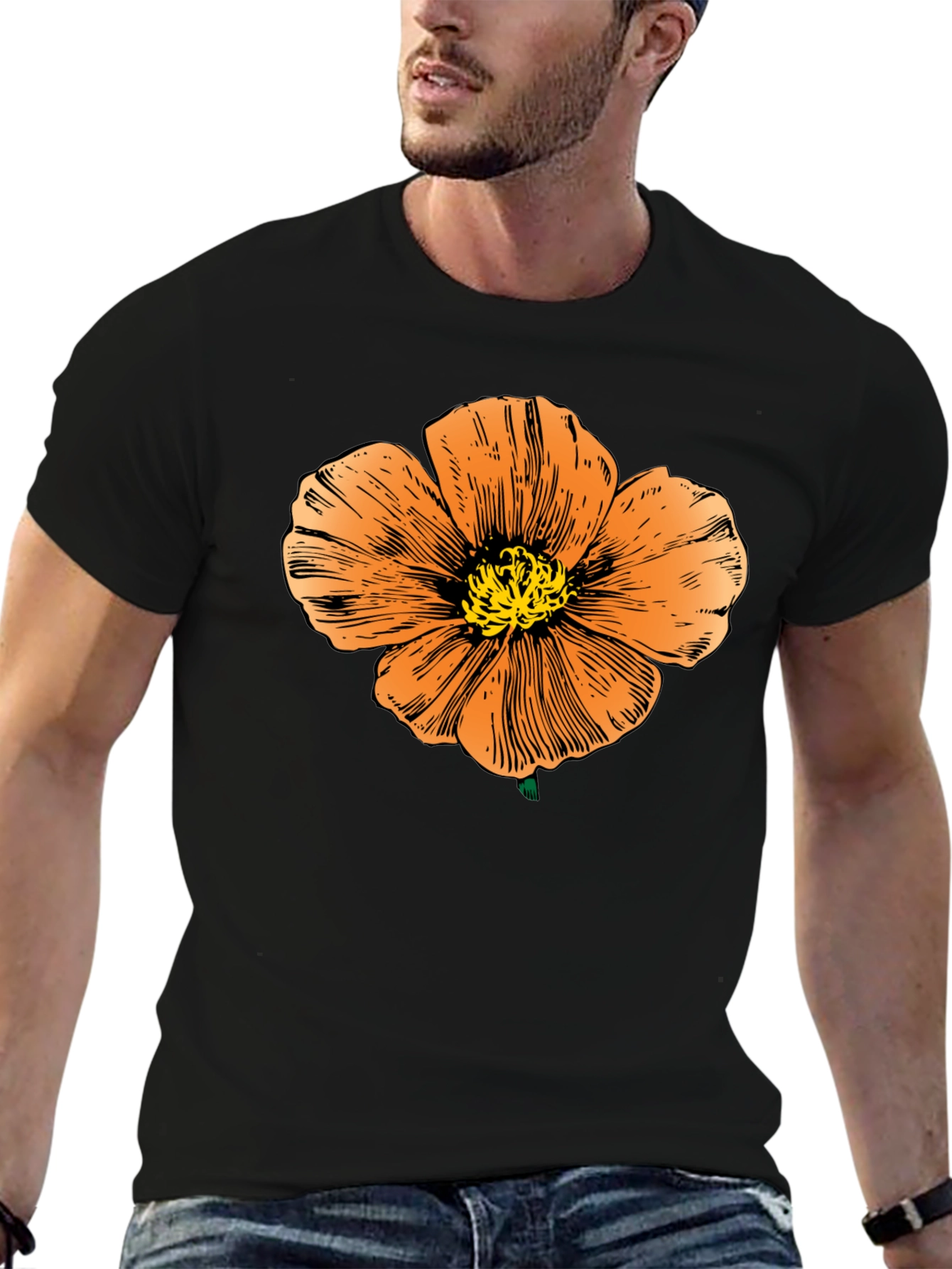 Black T-Shirt with Orange Flower Graphic