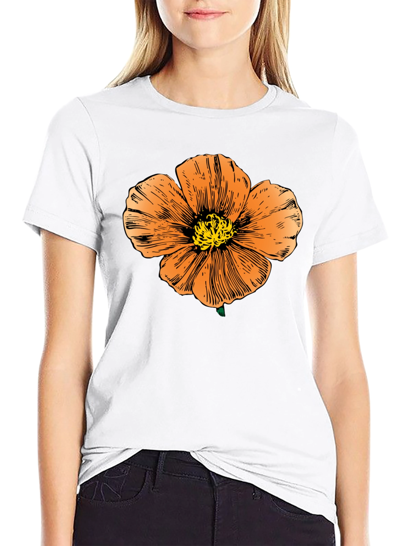 Black T-Shirt with Orange Flower Graphic