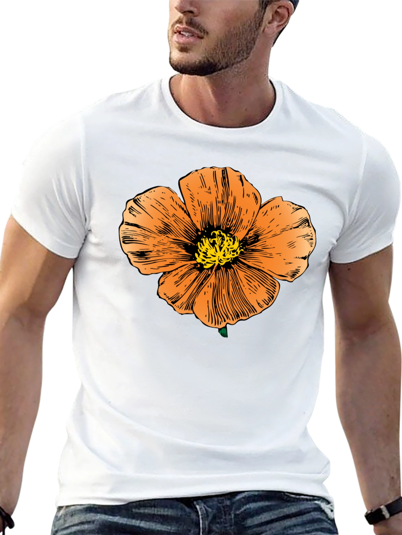 Black T-Shirt with Orange Flower Graphic