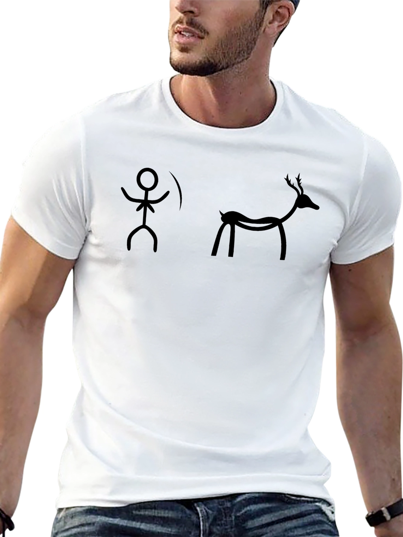 Cave Art Style Hunter & Deer Black T-Shirt