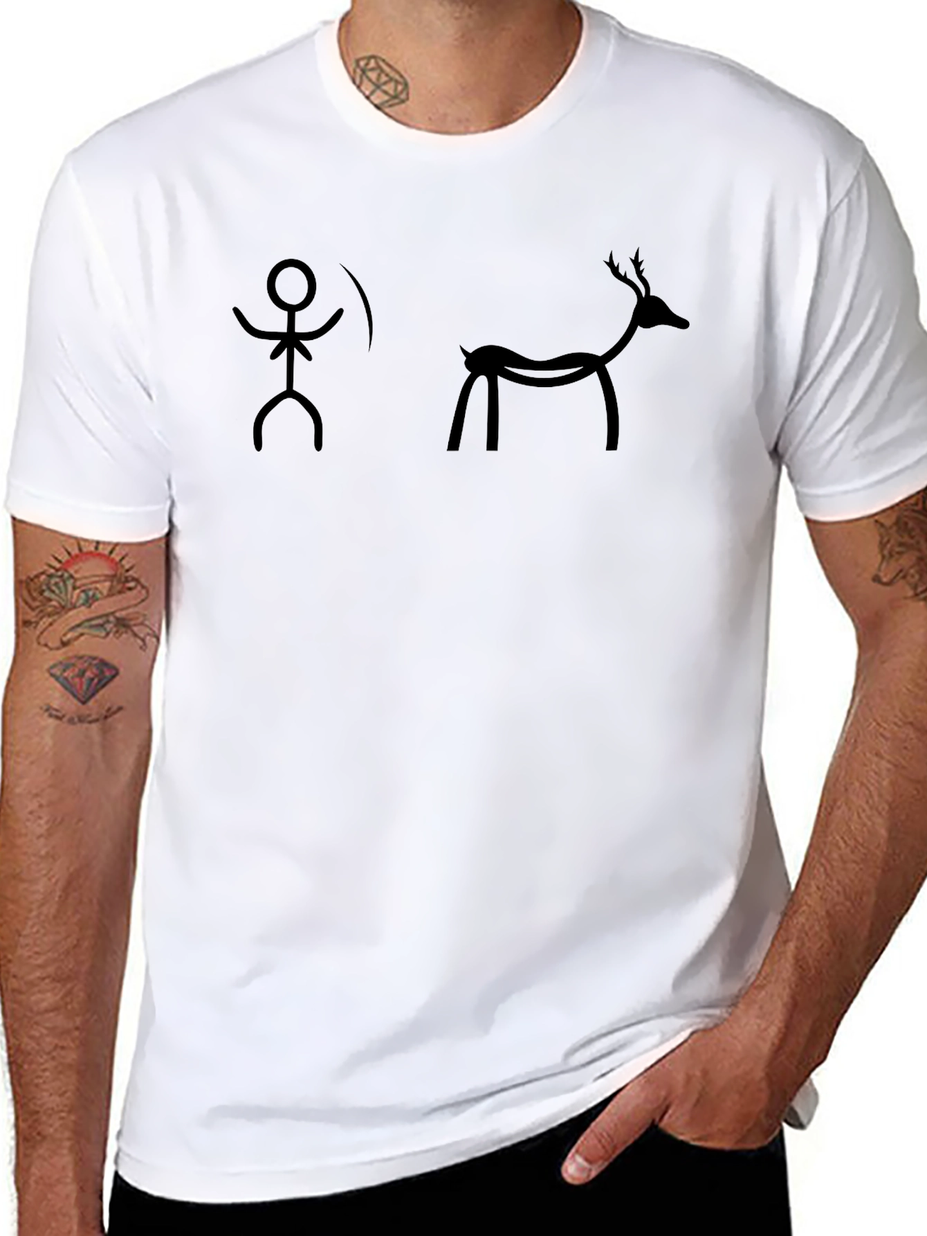 Cave Art Style Hunter & Deer Black T-Shirt