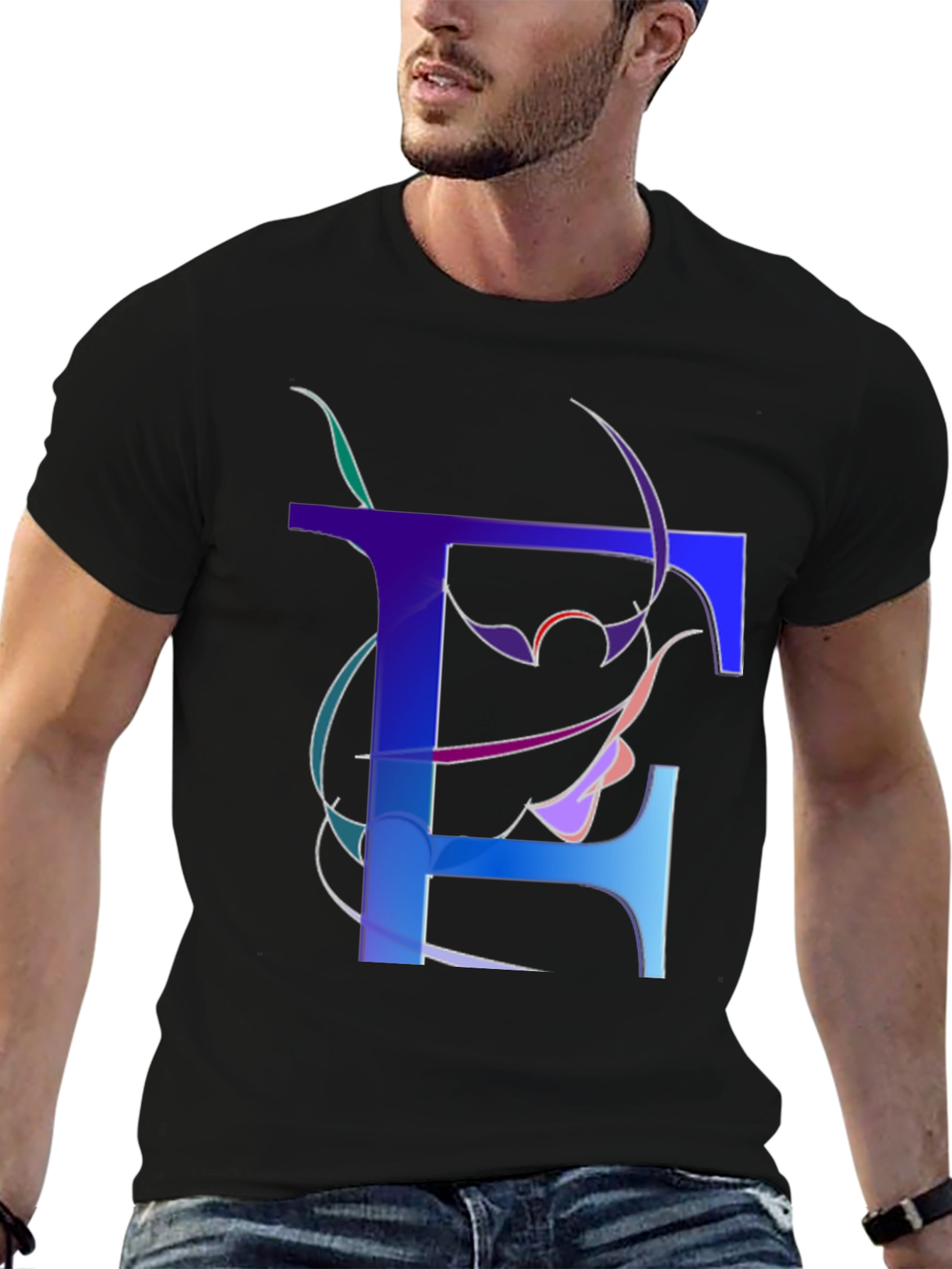 Abstract Letter T Graphic Print Black T-Shirt