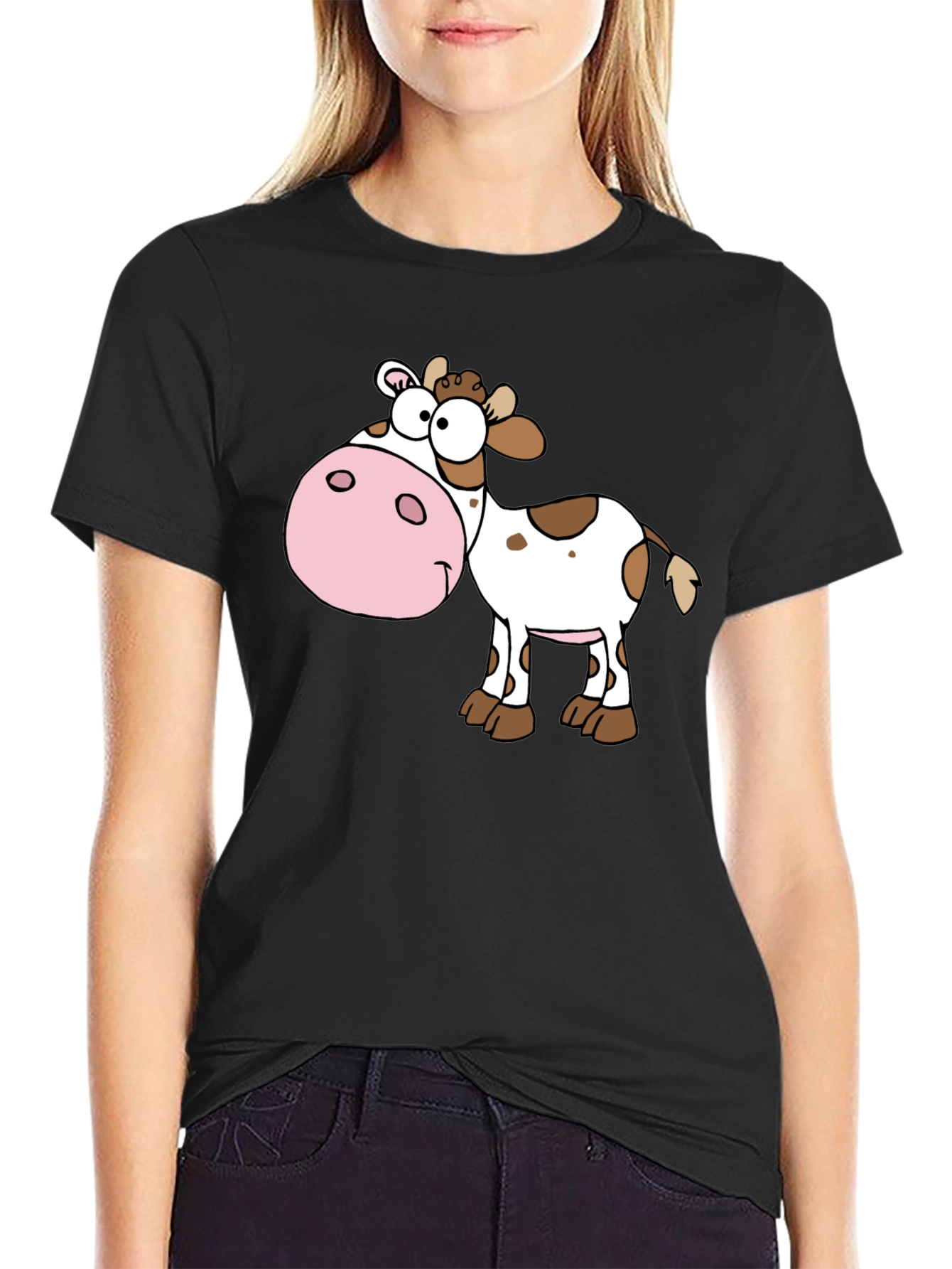 Cartoon Cow Graphic Tee - Black Cotton Blend Shirt