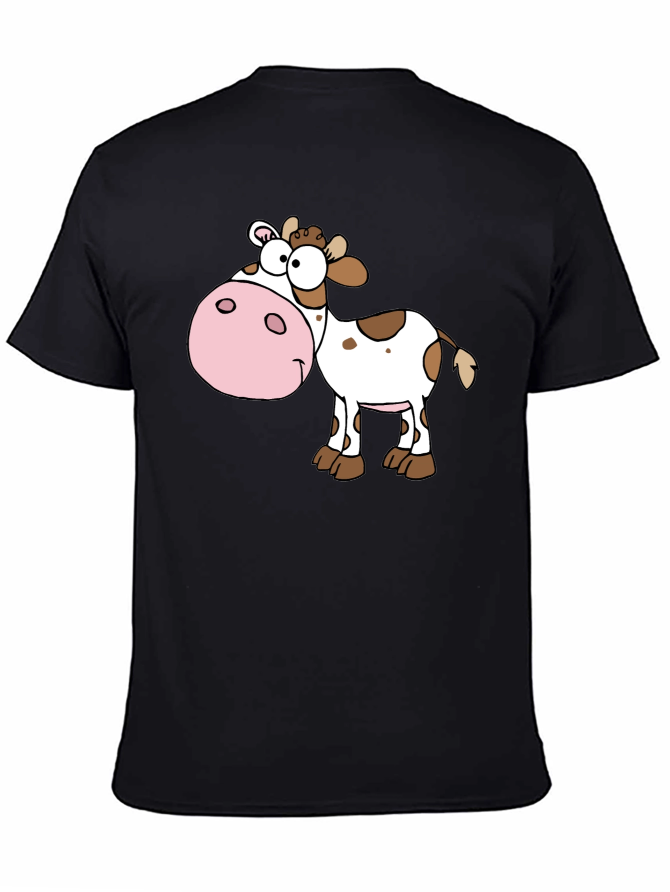 Cartoon Cow Graphic Tee - Black Cotton Blend Shirt