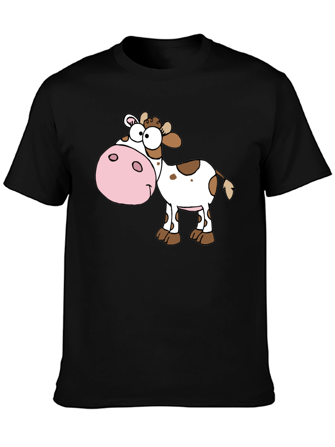 Cartoon Cow Graphic Tee - Black Cotton Blend Shirt