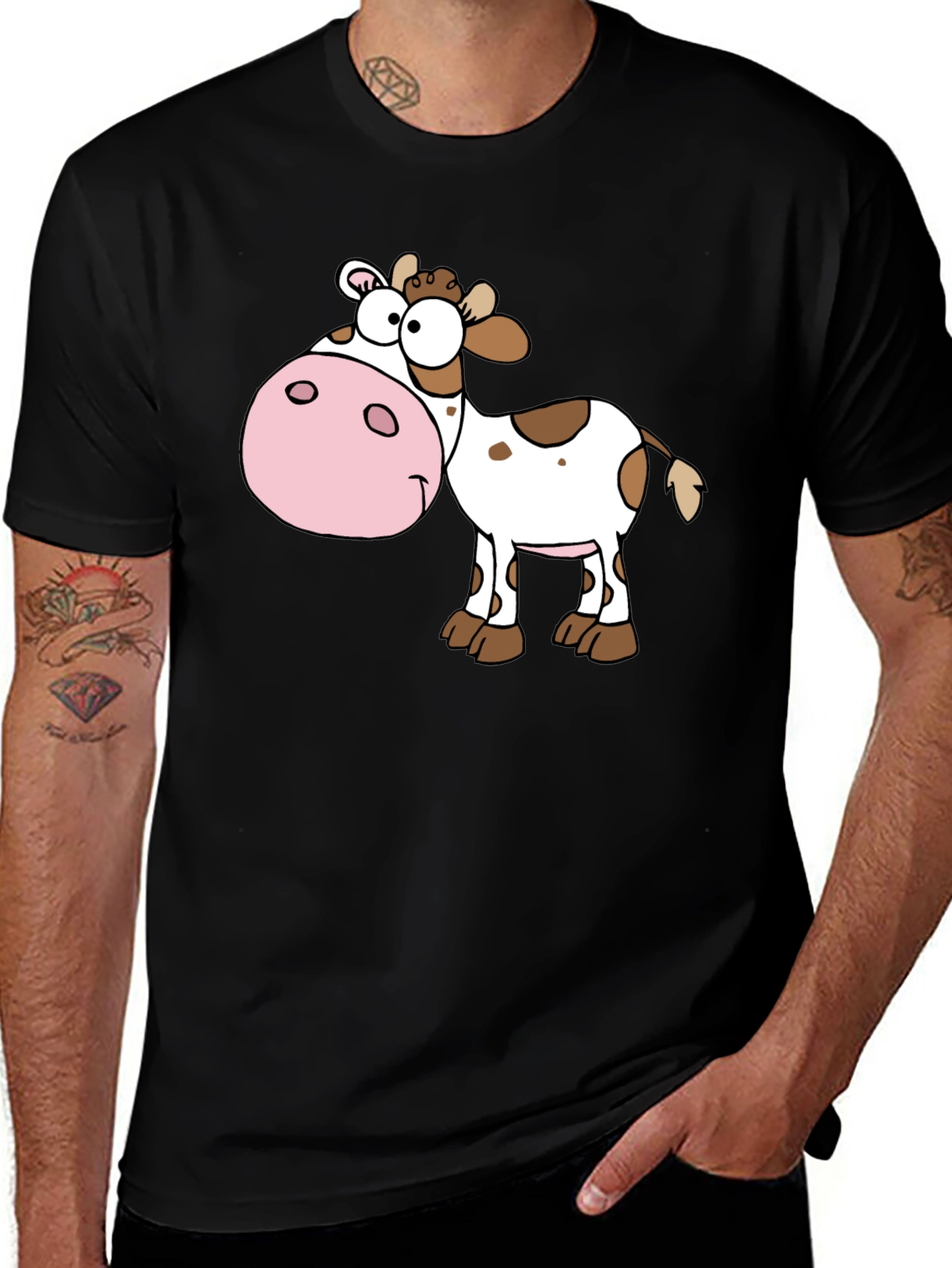 Cartoon Cow Graphic Tee - Black Cotton Blend Shirt