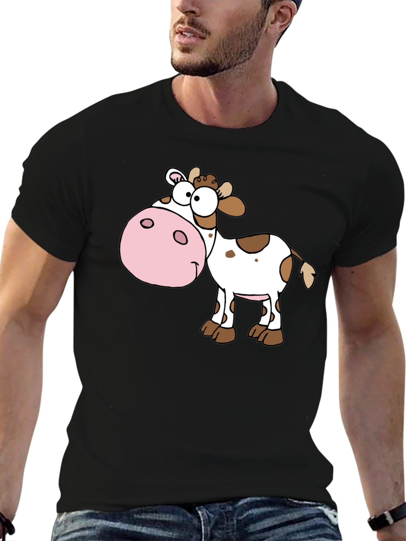 Cartoon Cow Graphic Tee - Black Cotton Blend Shirt