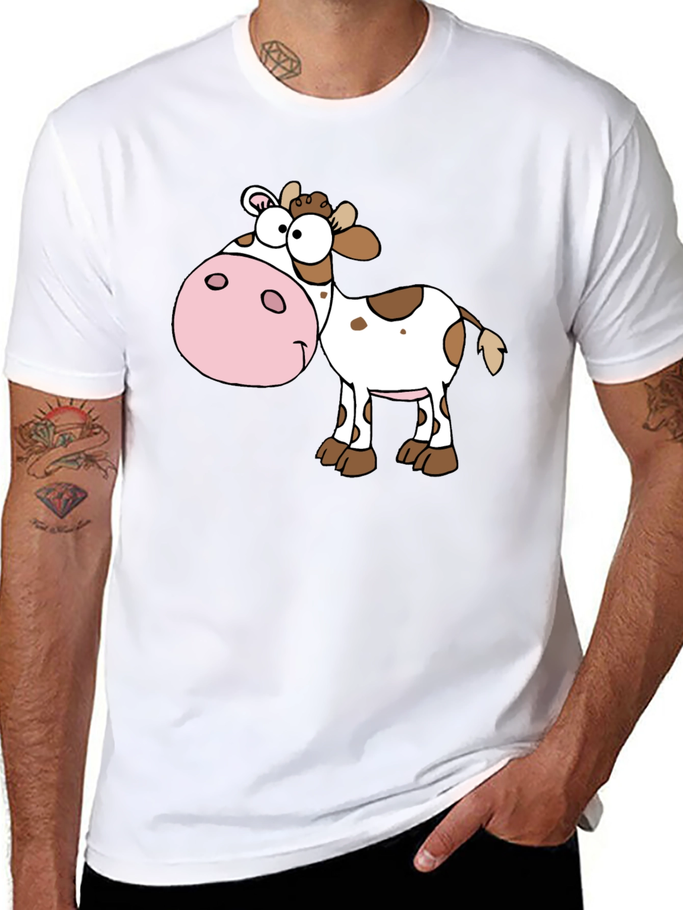 Cartoon Cow Graphic Tee - Black Cotton Blend Shirt