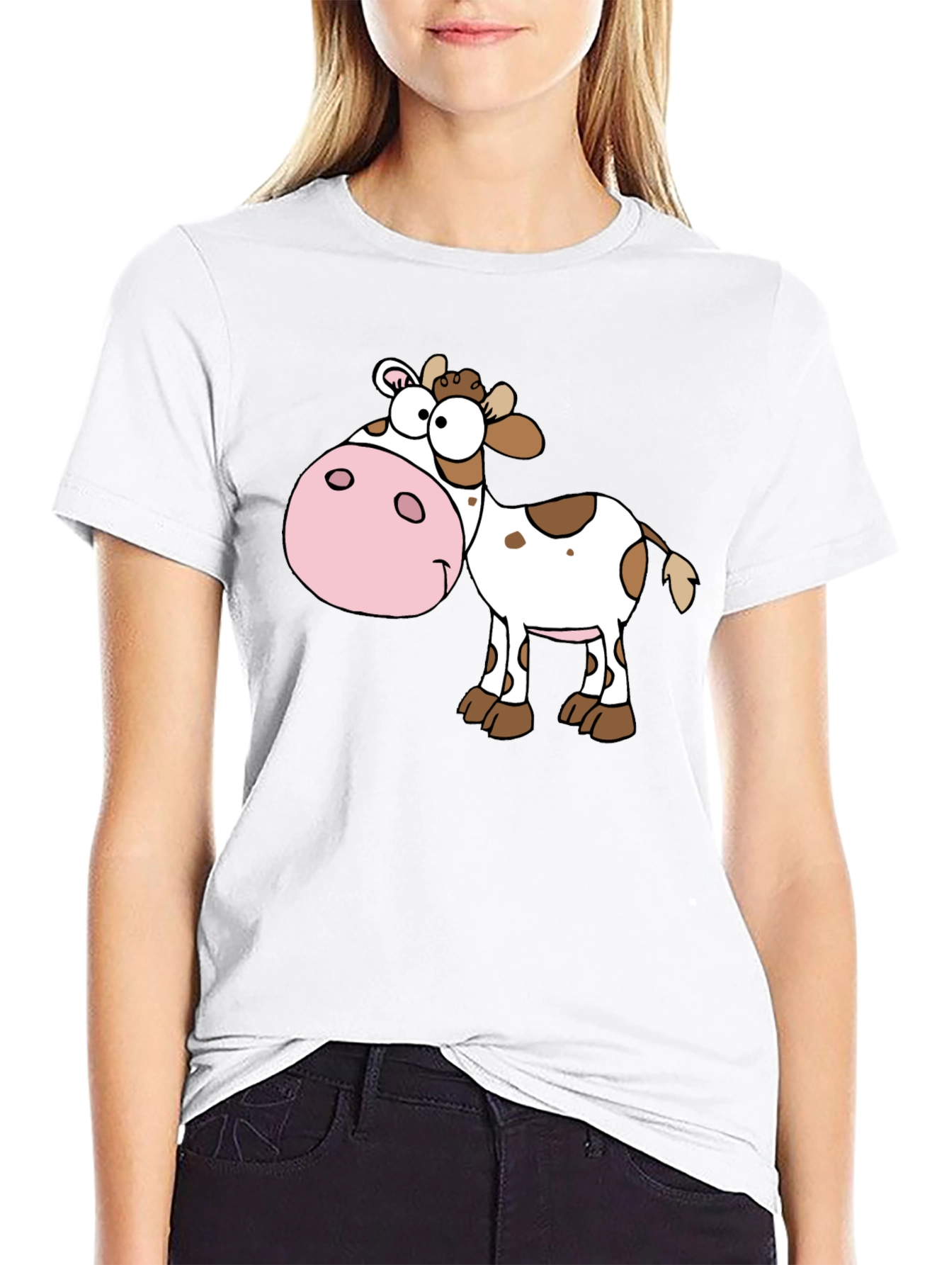 Cartoon Cow Graphic Tee - Black Cotton Blend Shirt