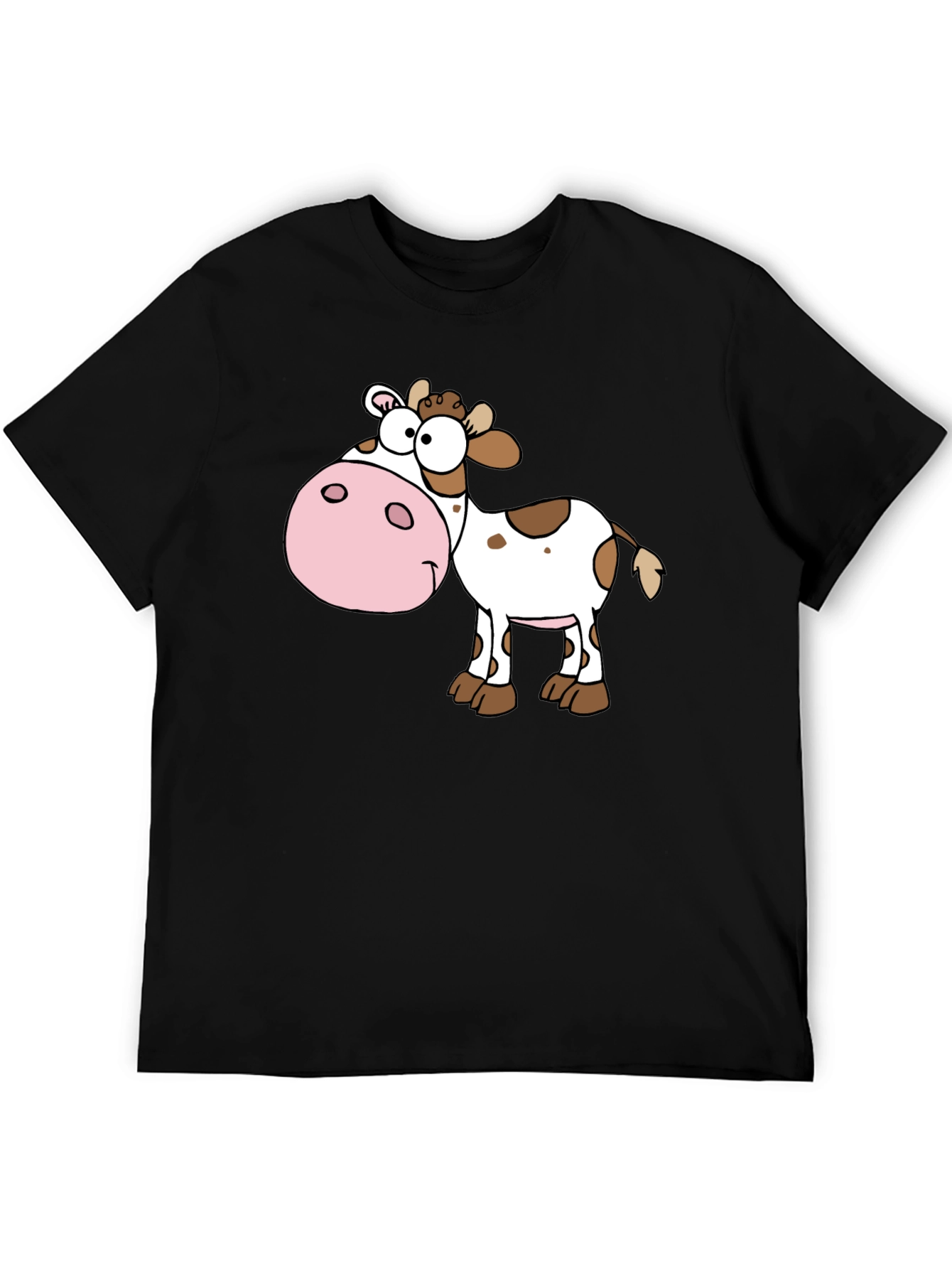 Cartoon Cow Graphic Tee - Black Cotton Blend Shirt