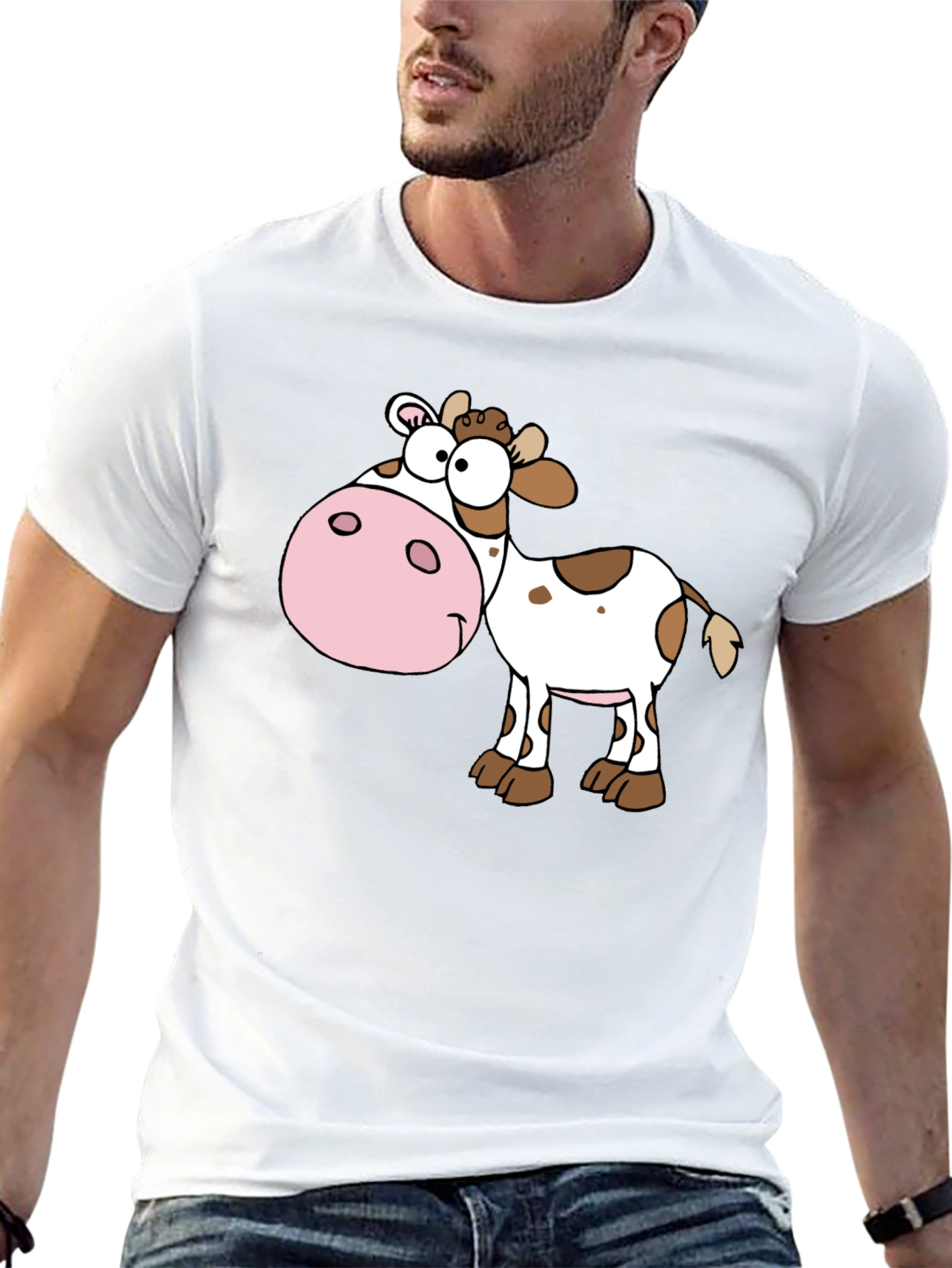 Cartoon Cow Graphic Tee - Black Cotton Blend Shirt