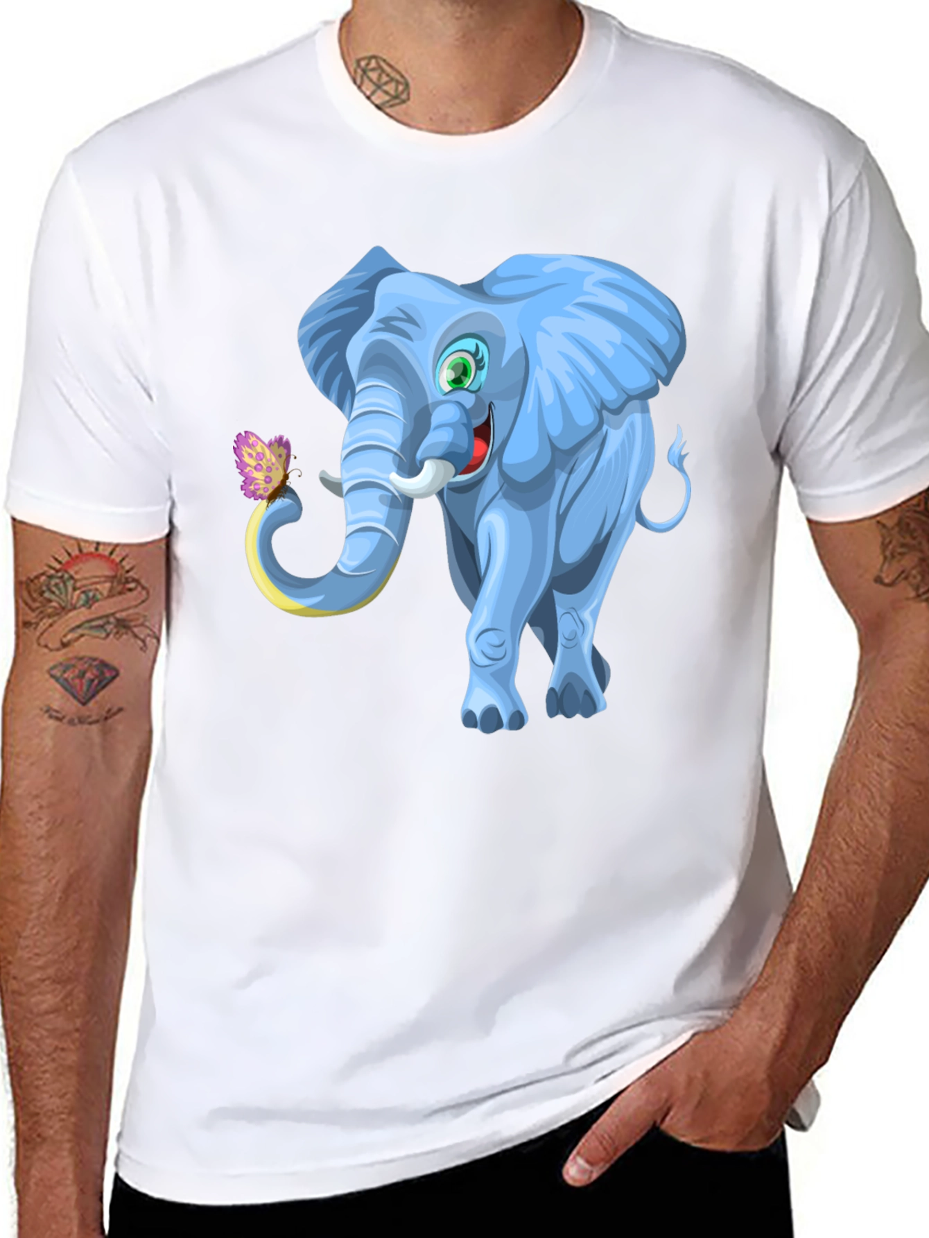 Cartoon Elephant Graphic Tee - Black Cotton Blend