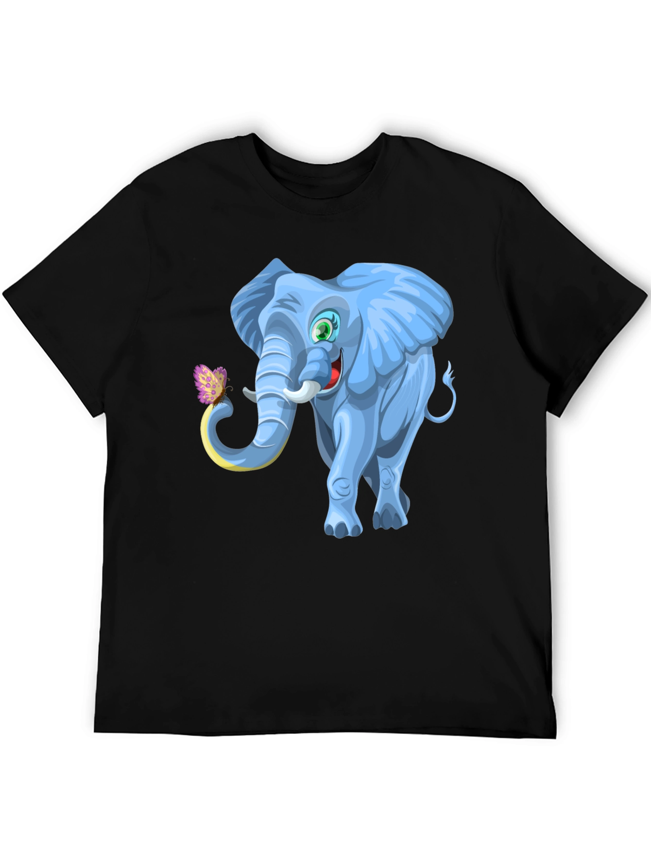Cartoon Elephant Graphic Tee - Black Cotton Blend