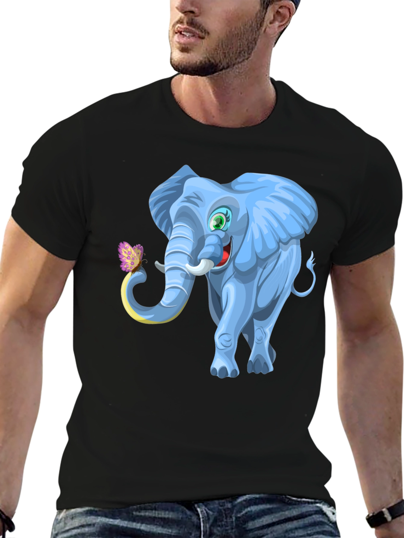 Cartoon Elephant Graphic Tee - Black Cotton Blend