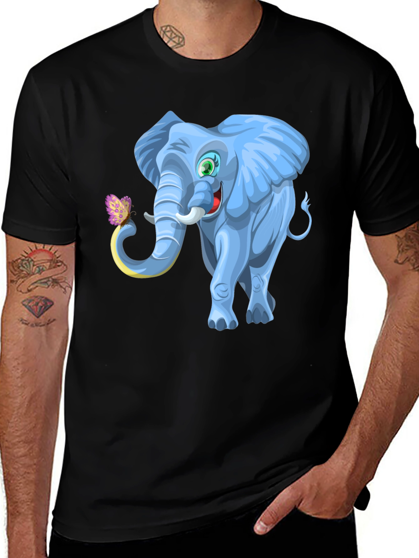 Cartoon Elephant Graphic Tee - Black Cotton Blend