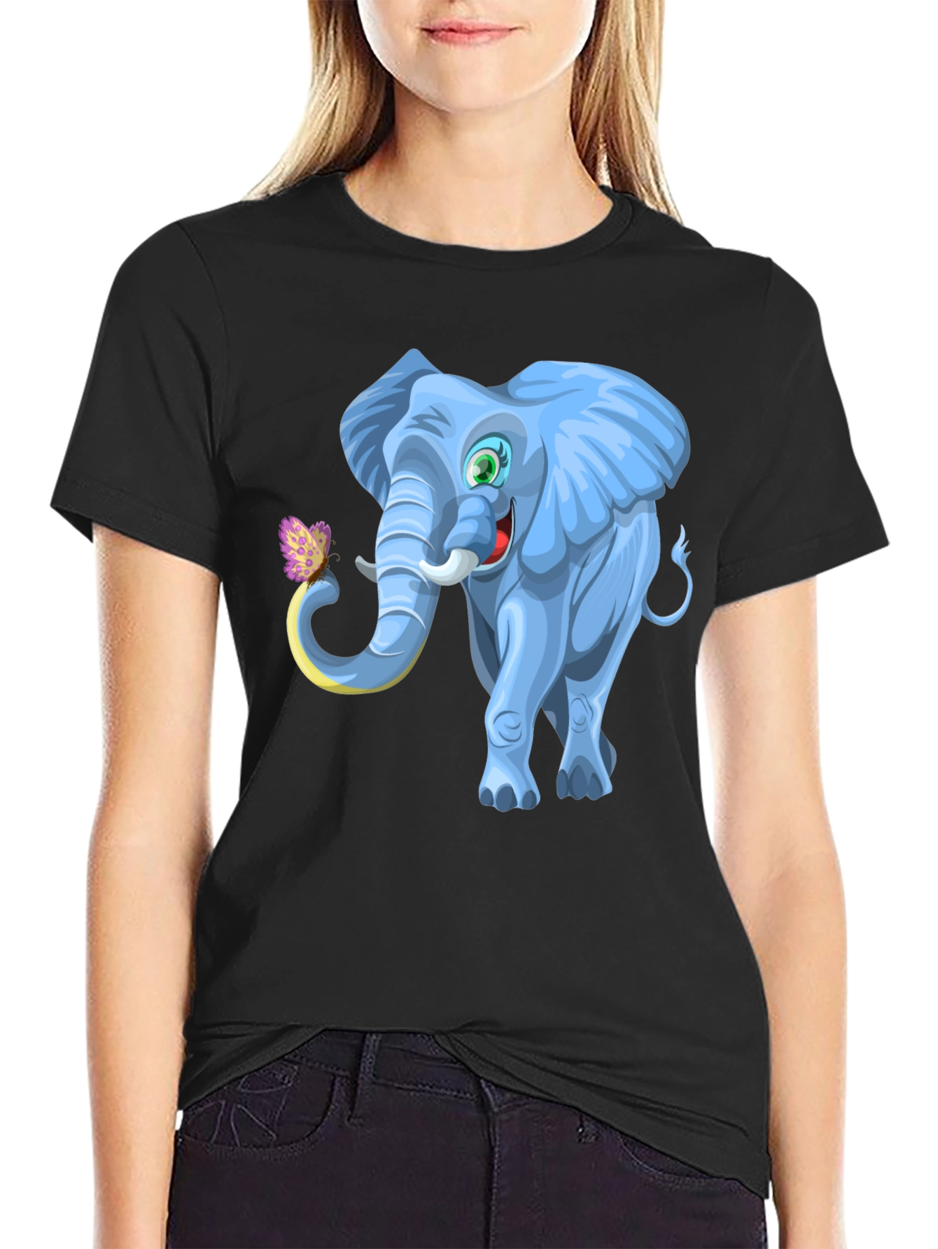 Cartoon Elephant Graphic Tee - Black Cotton Blend