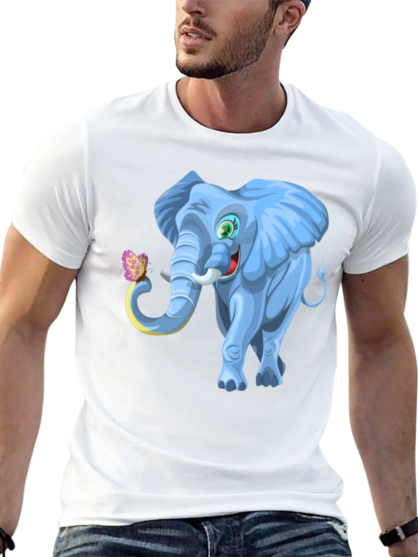 Cartoon Elephant Graphic Tee - Black Cotton Blend