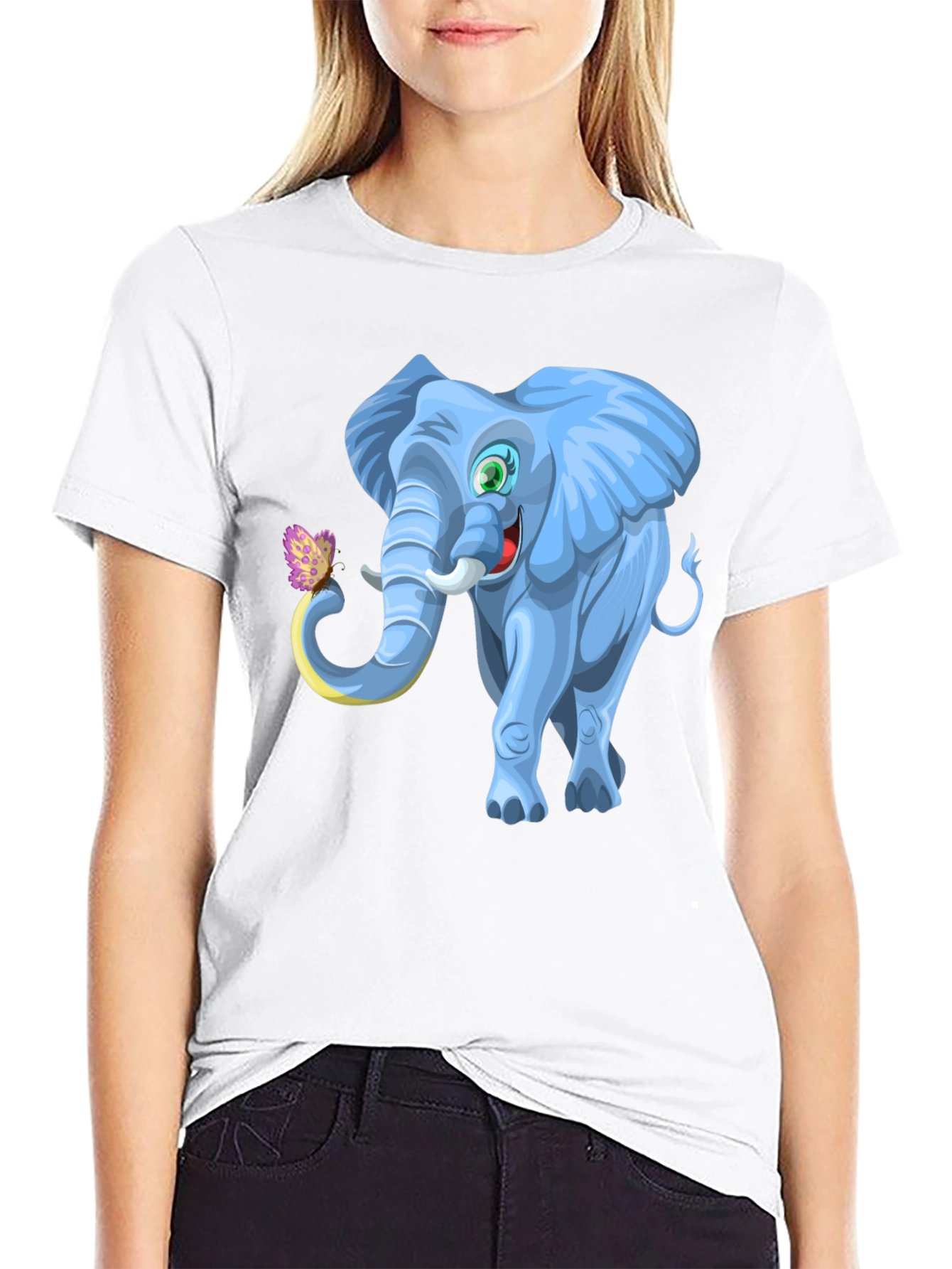 Cartoon Elephant Graphic Tee - Black Cotton Blend