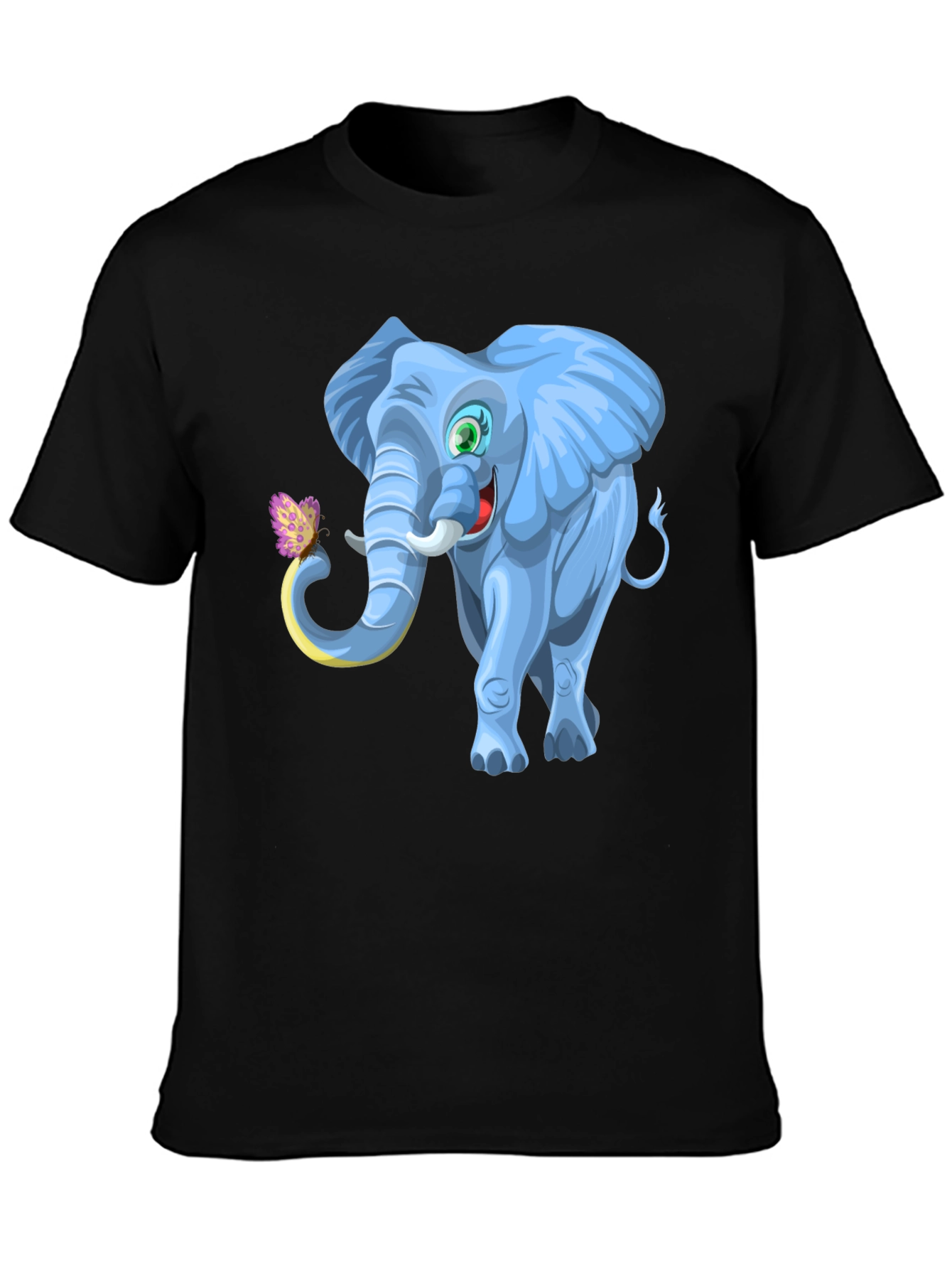 Cartoon Elephant Graphic Tee - Black Cotton Blend