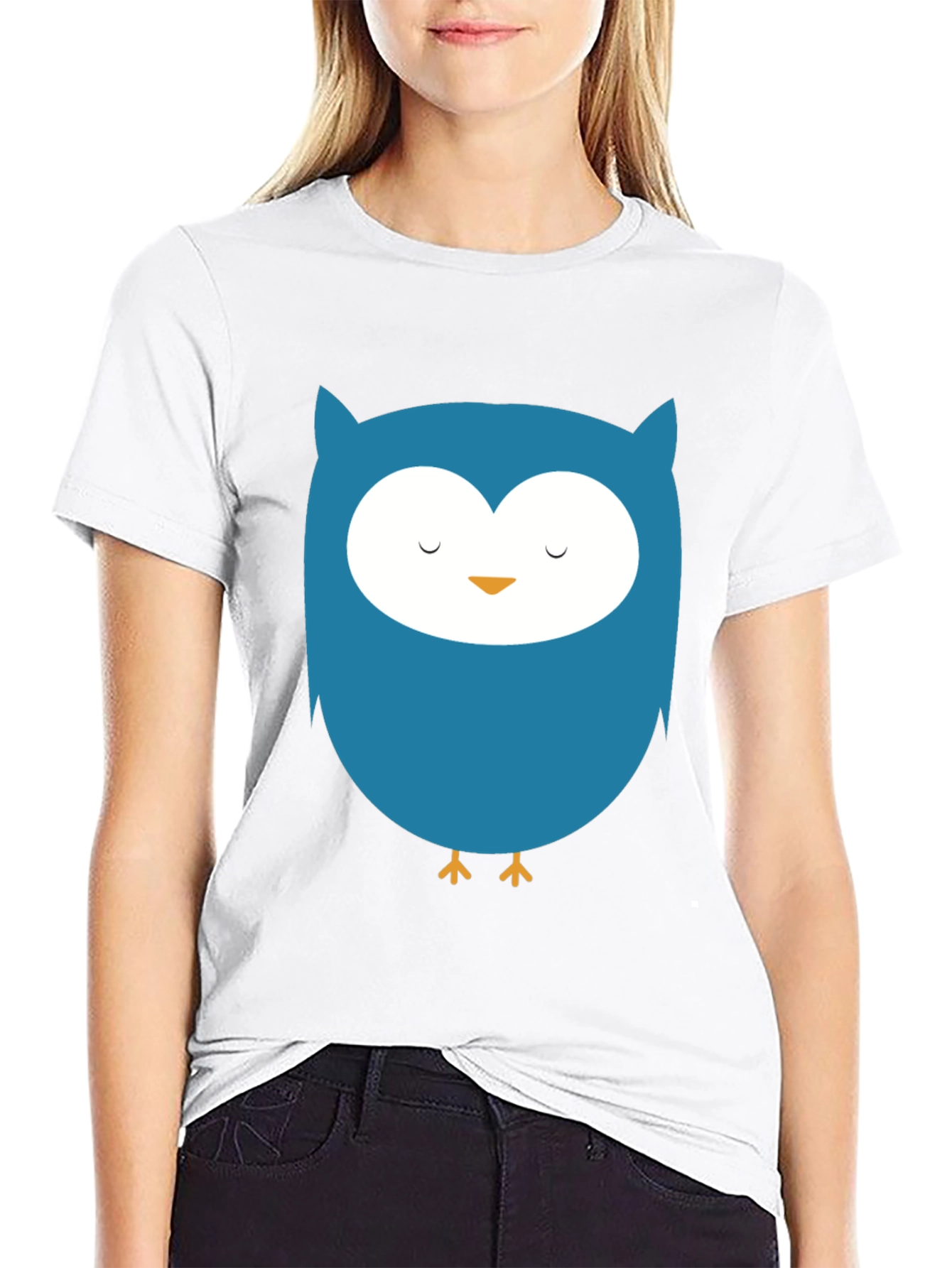 Cute Blue Owl Graphic Black T-Shirt