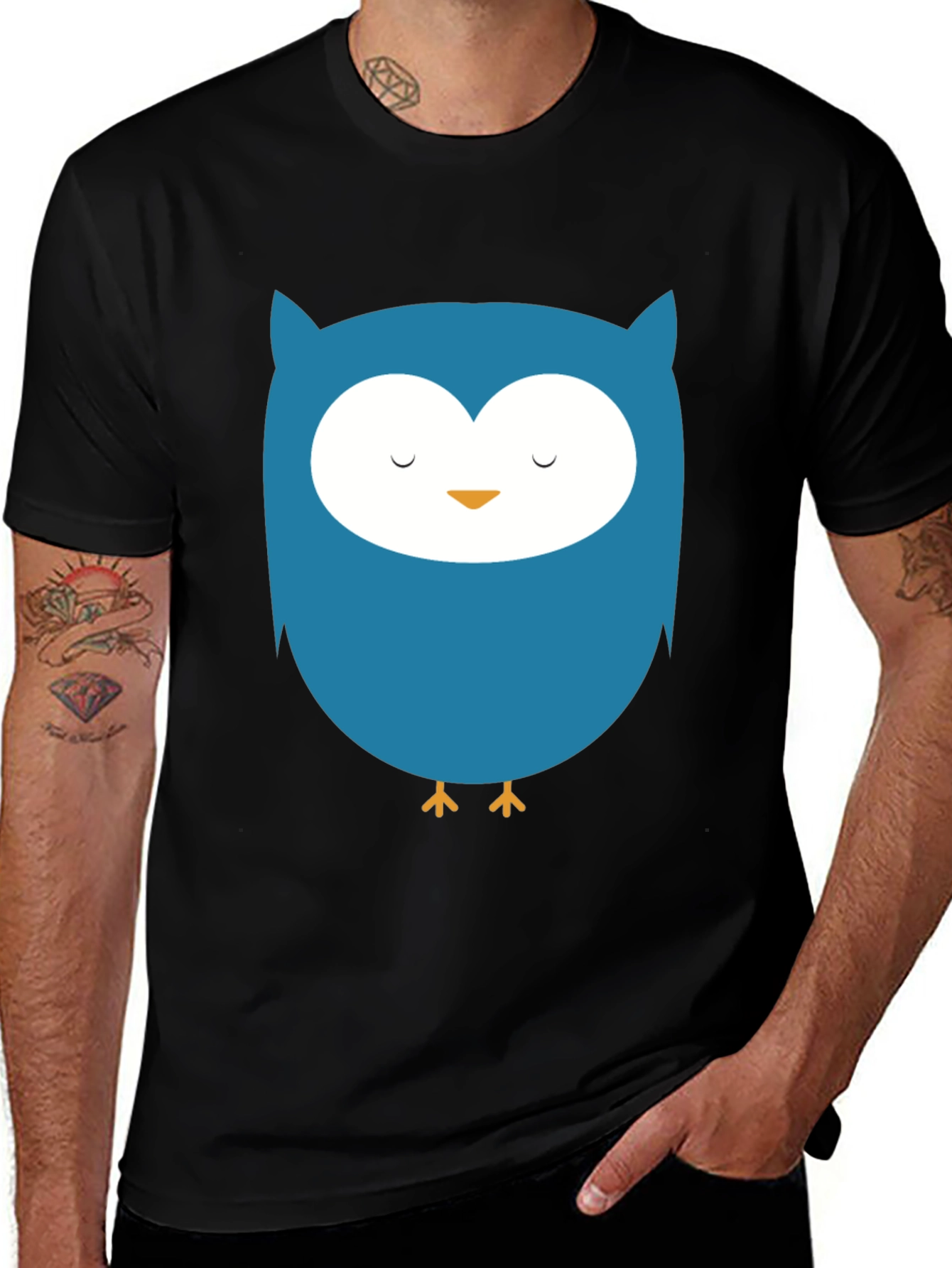 Cute Blue Owl Graphic Black T-Shirt