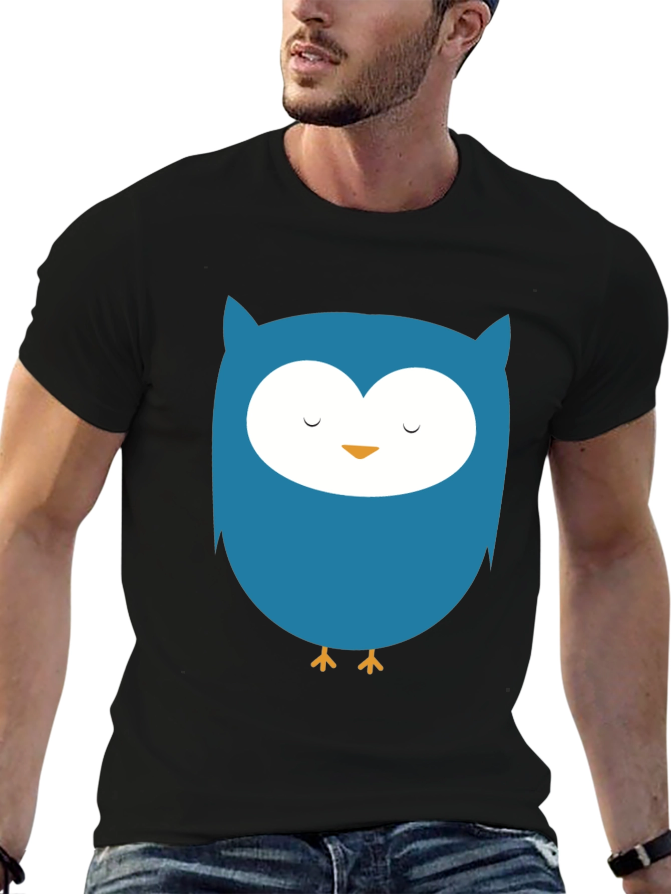 Cute Blue Owl Graphic Black T-Shirt