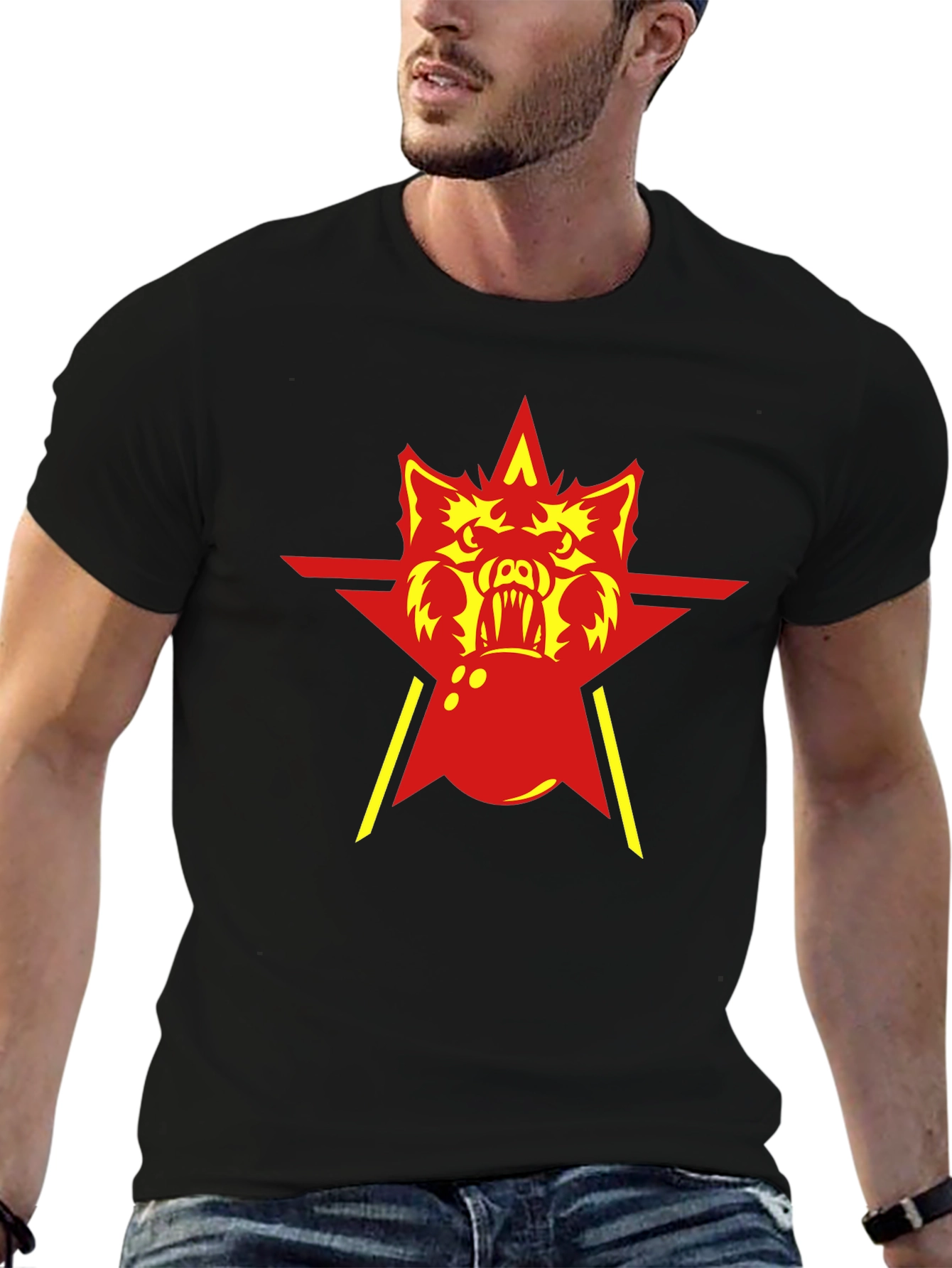 Red Star Wolf Graphic Black T-Shirt
