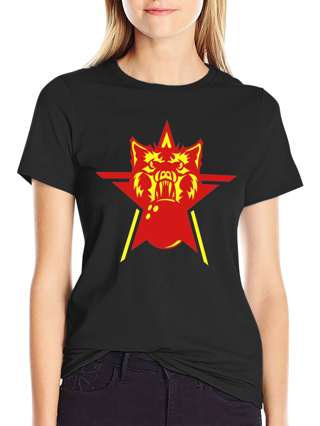 Red Star Wolf Graphic Black T-Shirt