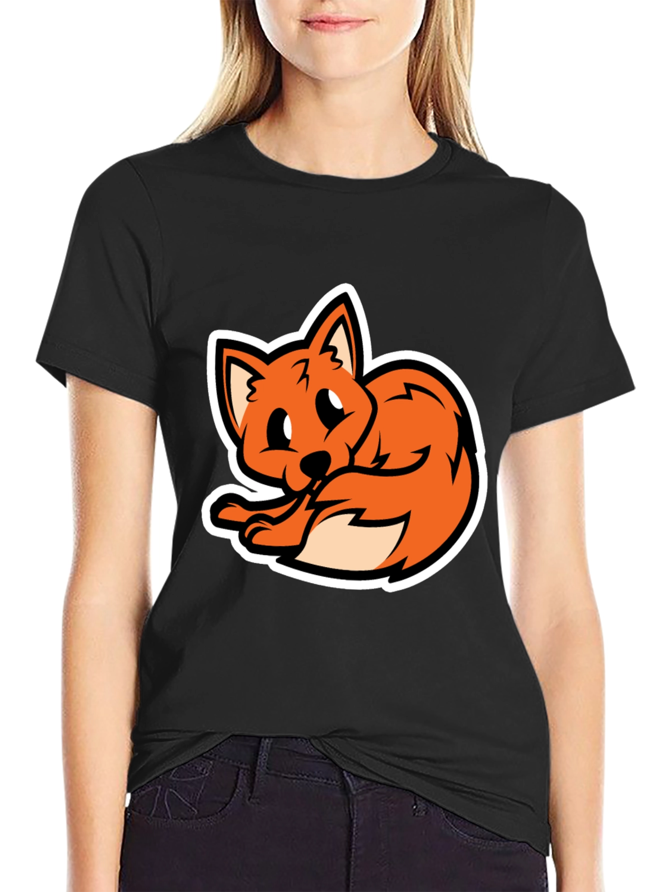 Cartoon Fox Graphic Tee - Soft Black T-Shirt