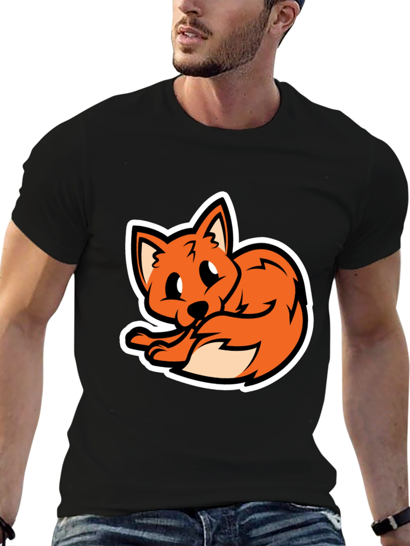 Cartoon Fox Graphic Tee - Soft Black T-Shirt