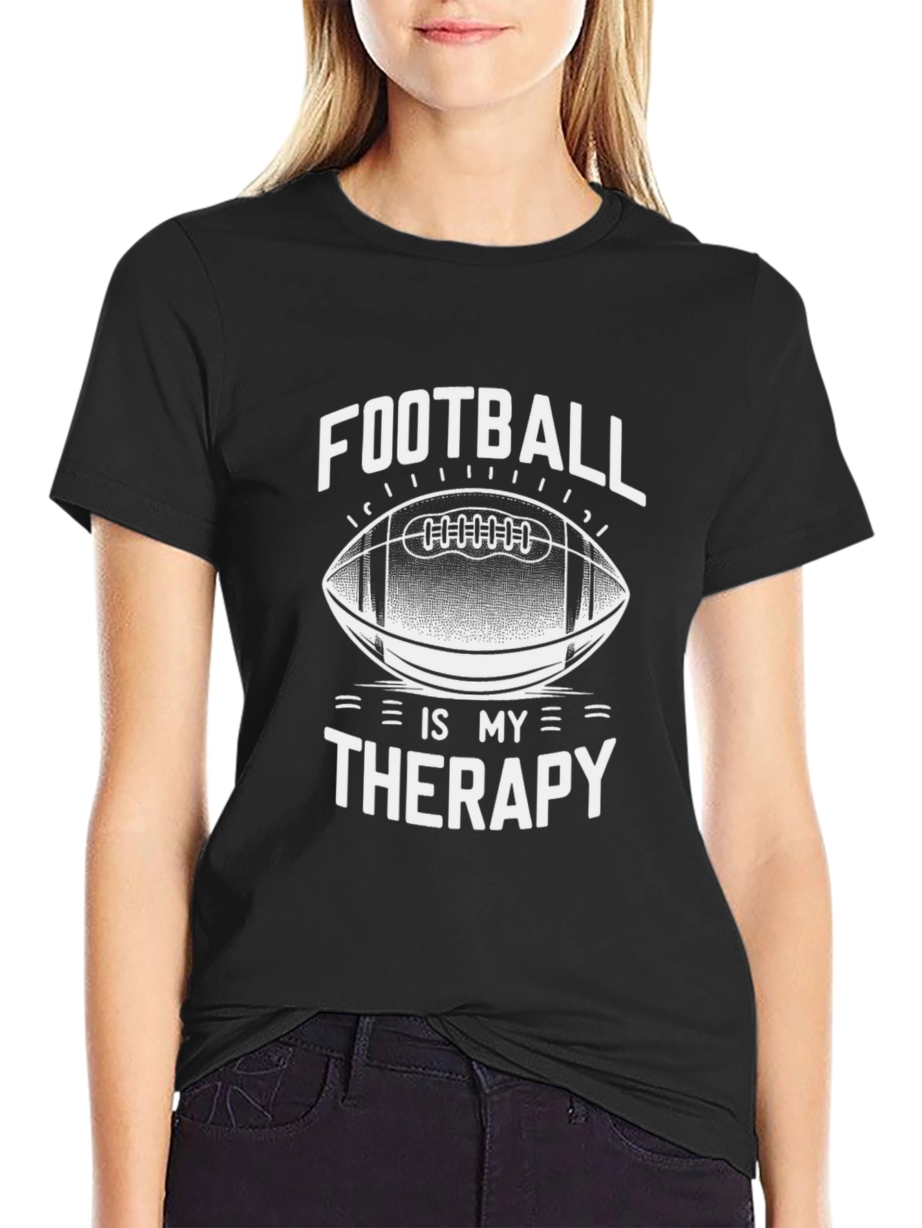 Football is My Therapy Black Graphic T-Shirt