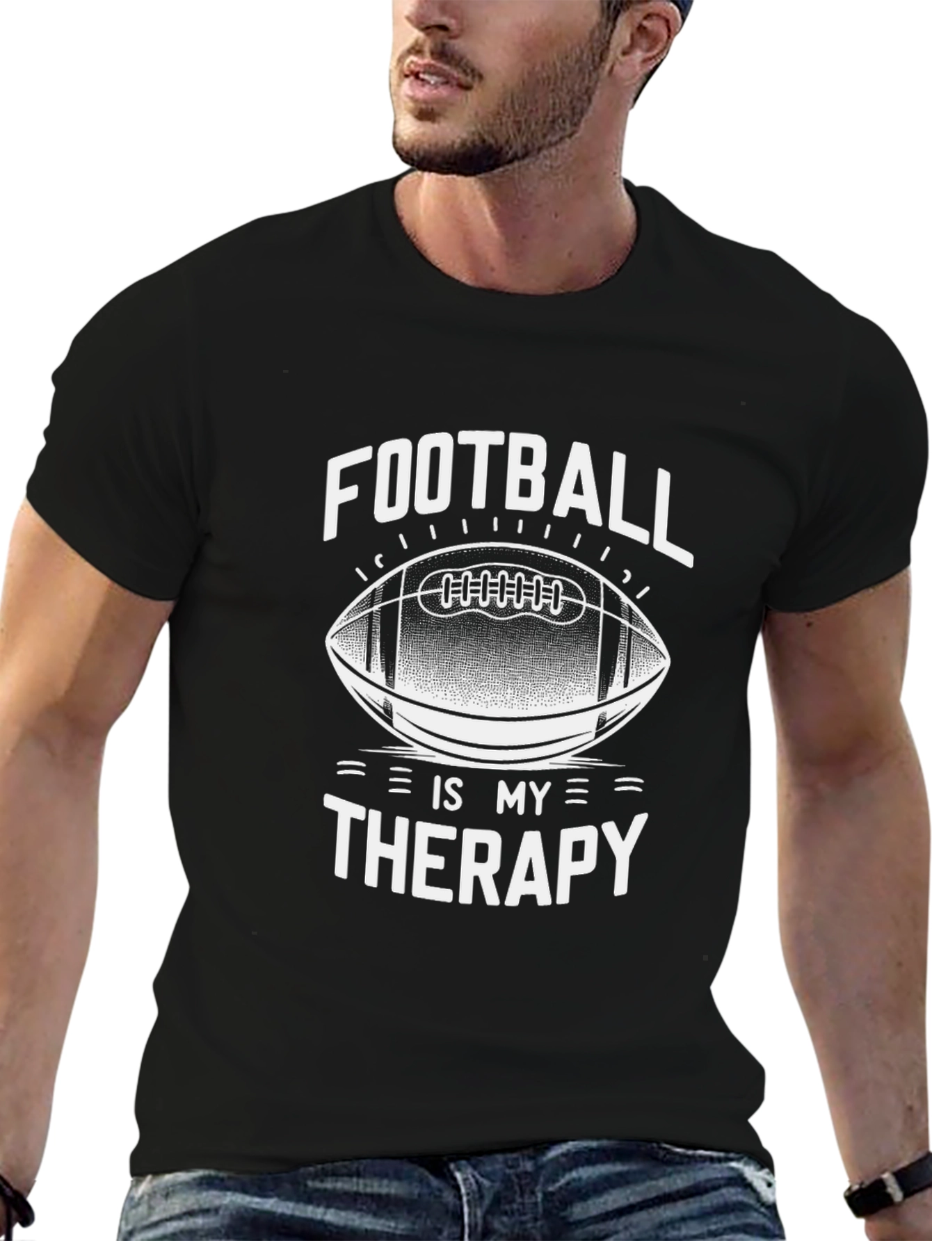 Football is My Therapy Black Graphic T-Shirt