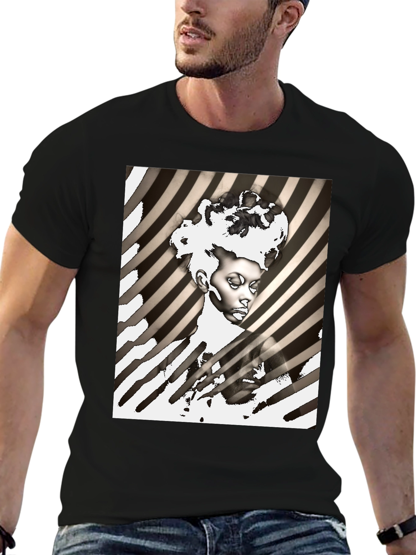 Striking Graphic Print Tee - Monochrome Art