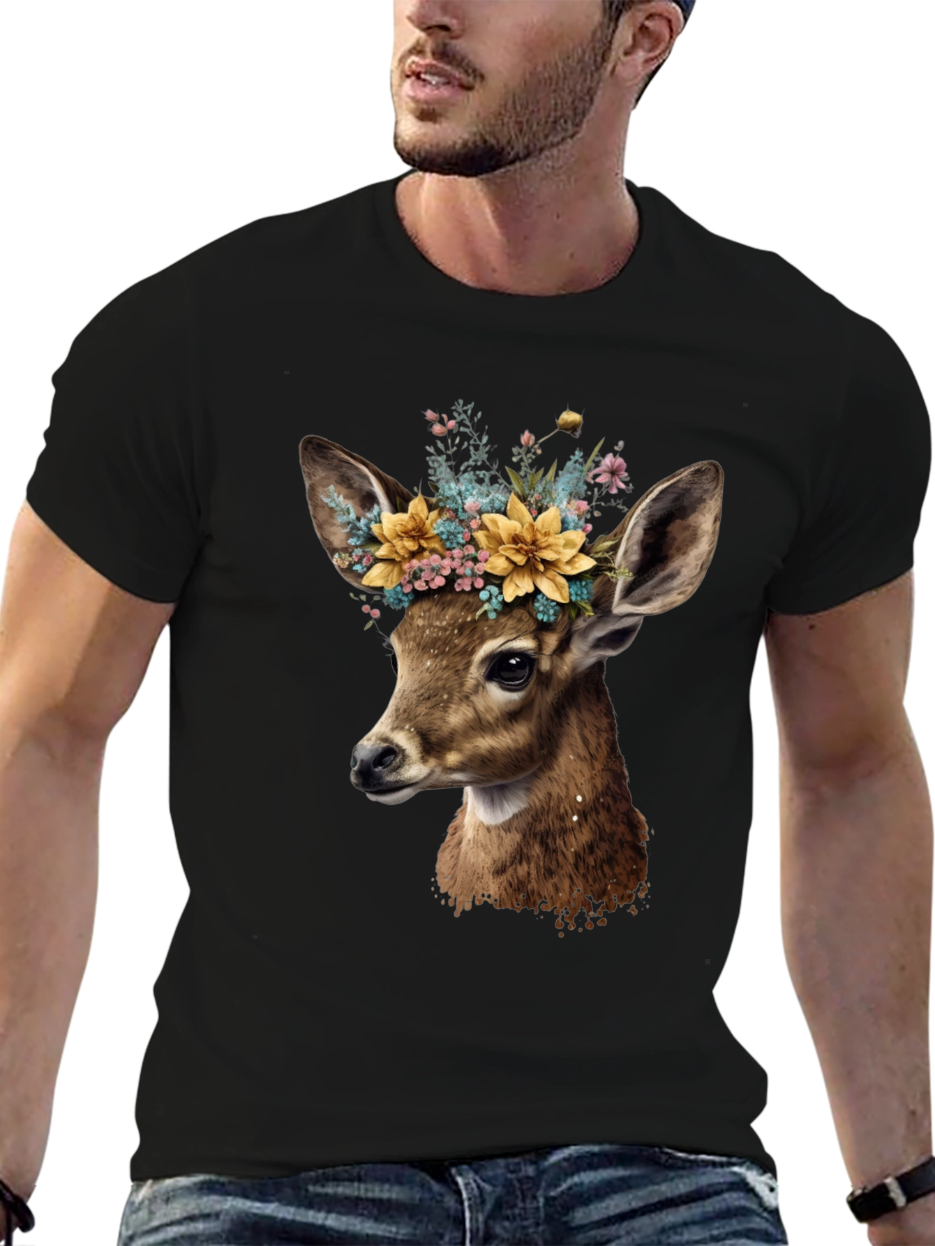 Deer with Flower Crown Black T-Shirt