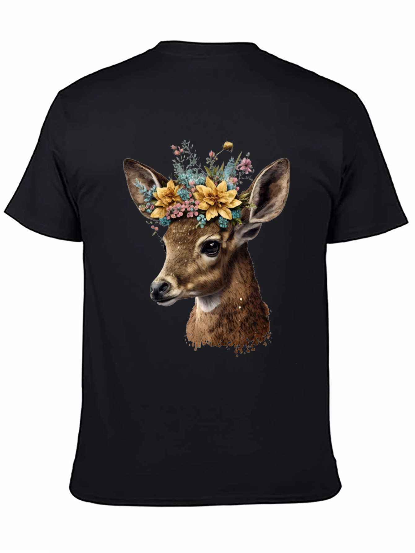 Deer with Flower Crown Black T-Shirt
