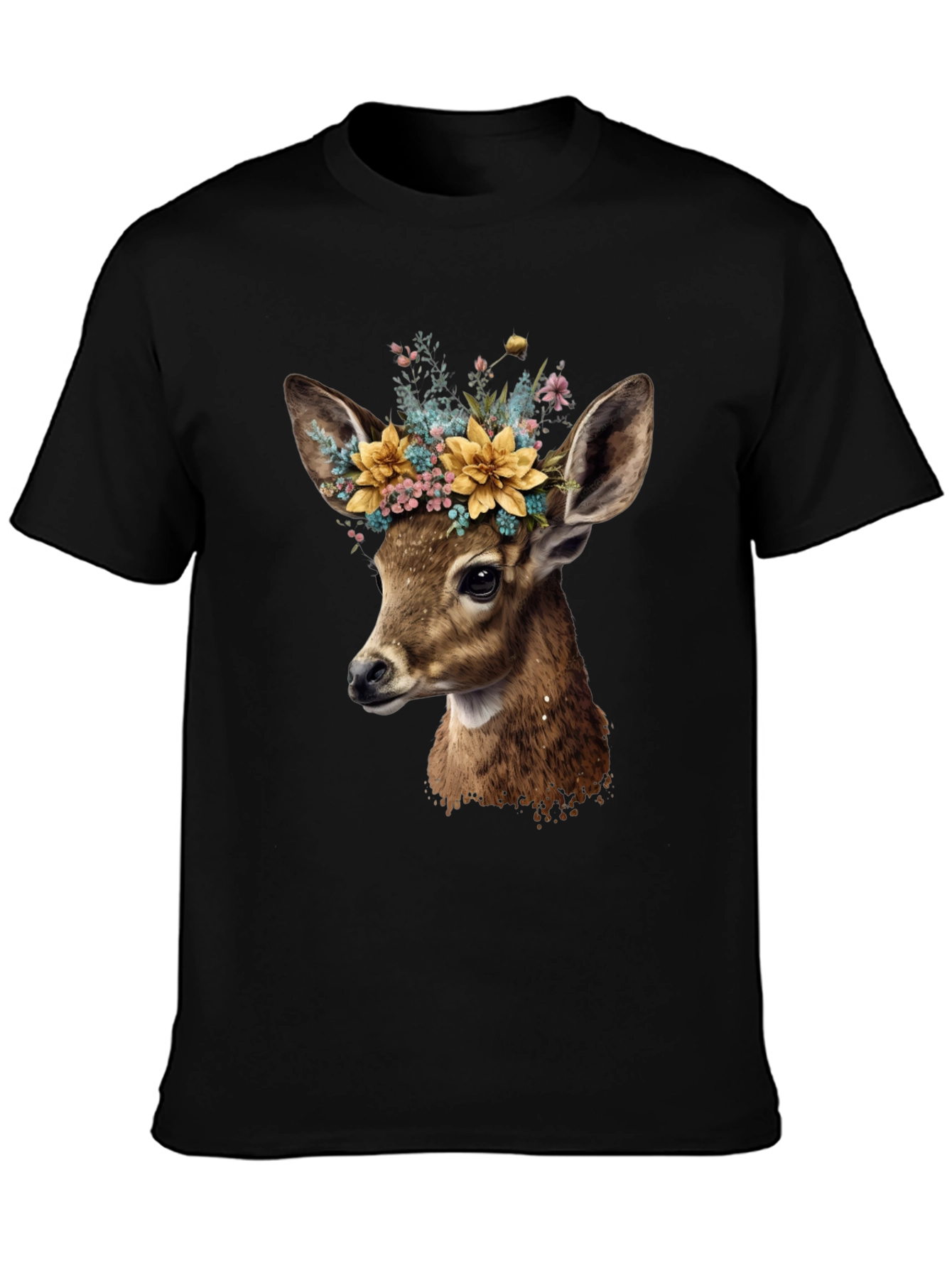 Deer with Flower Crown Black T-Shirt