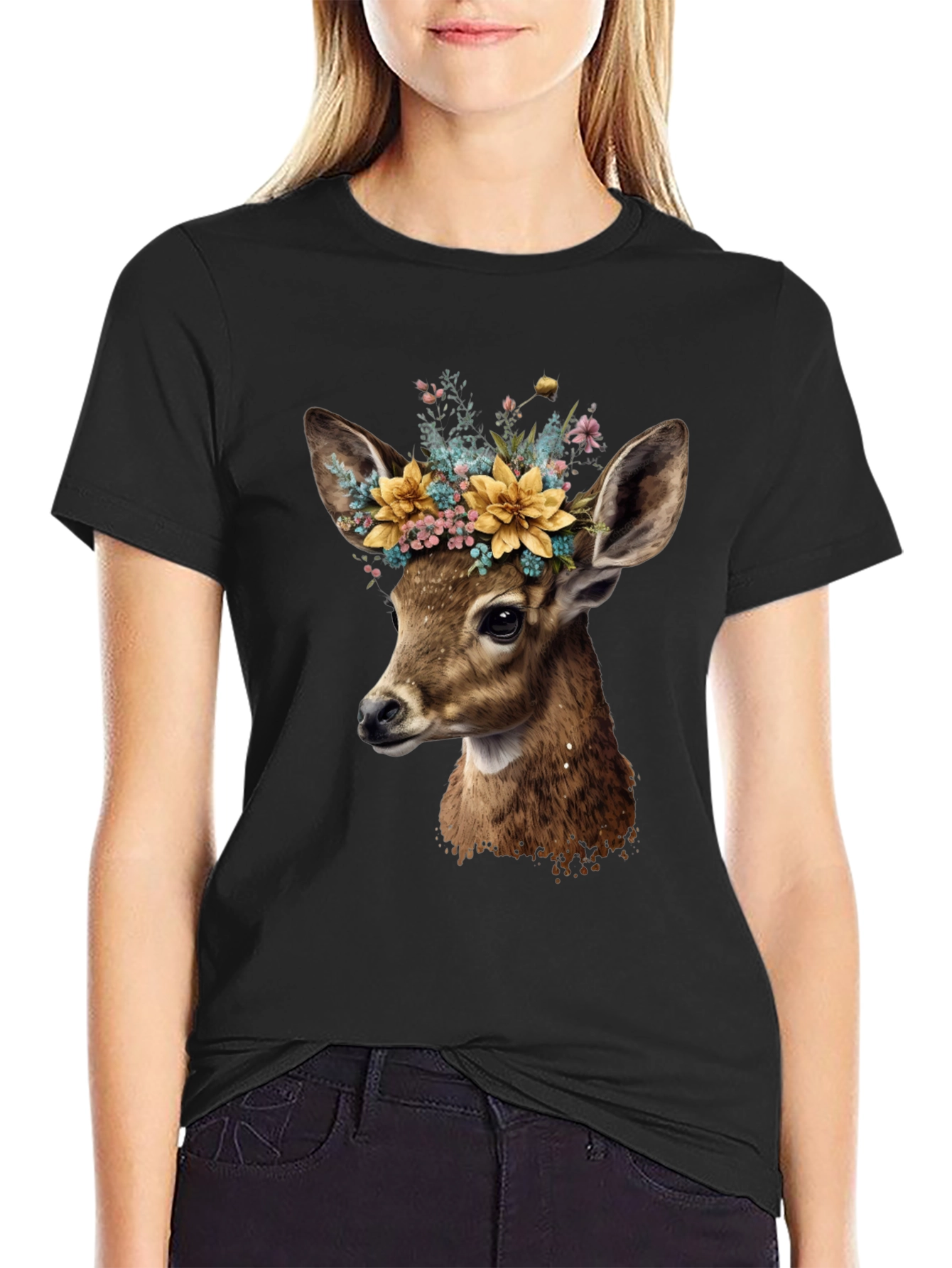 Deer with Flower Crown Black T-Shirt