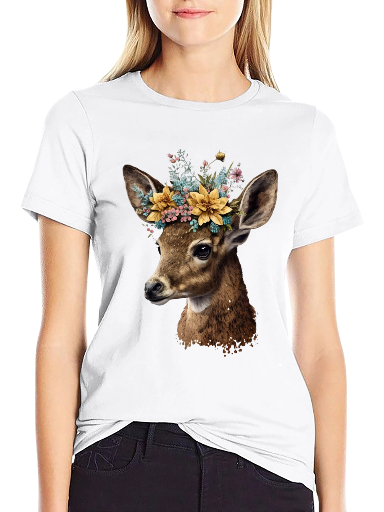 Deer with Flower Crown Black T-Shirt