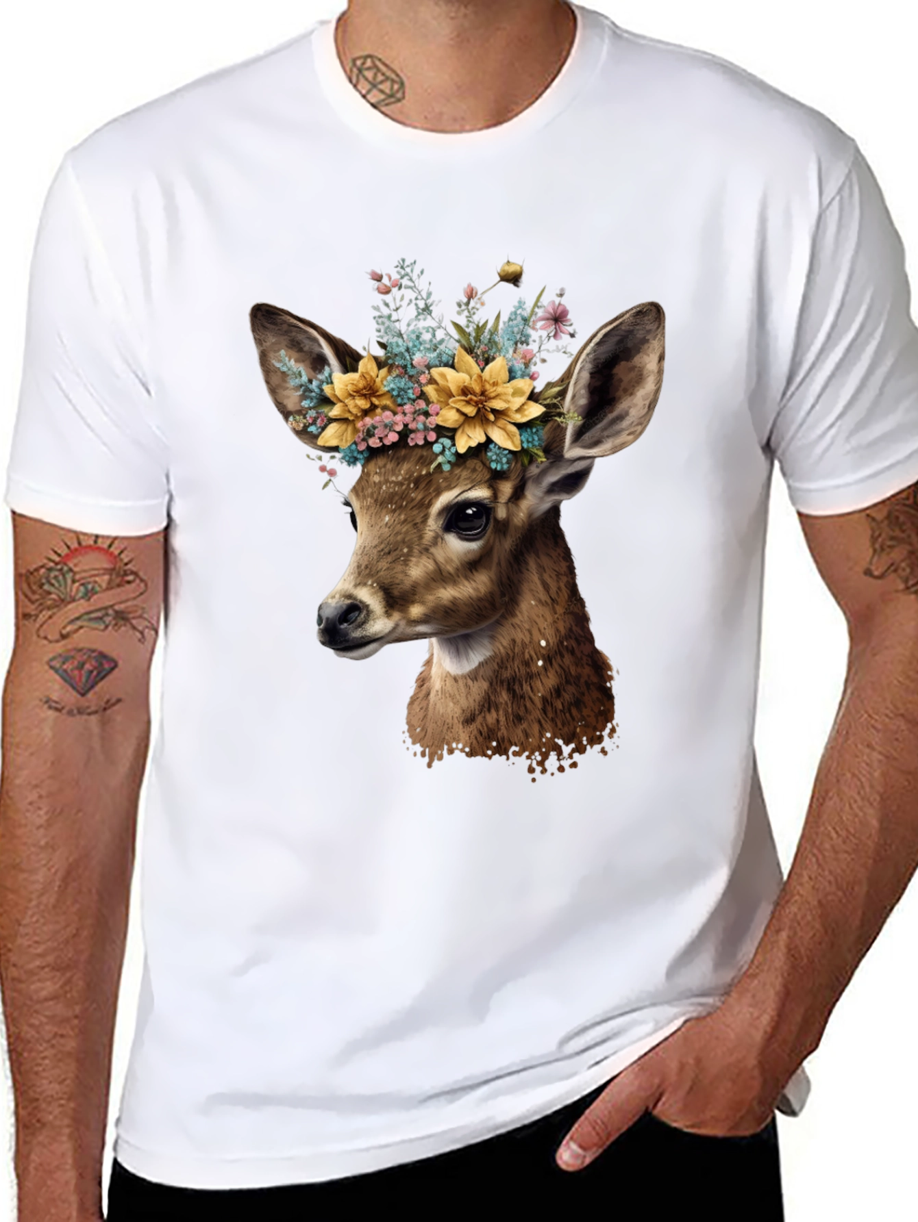 Deer with Flower Crown Black T-Shirt