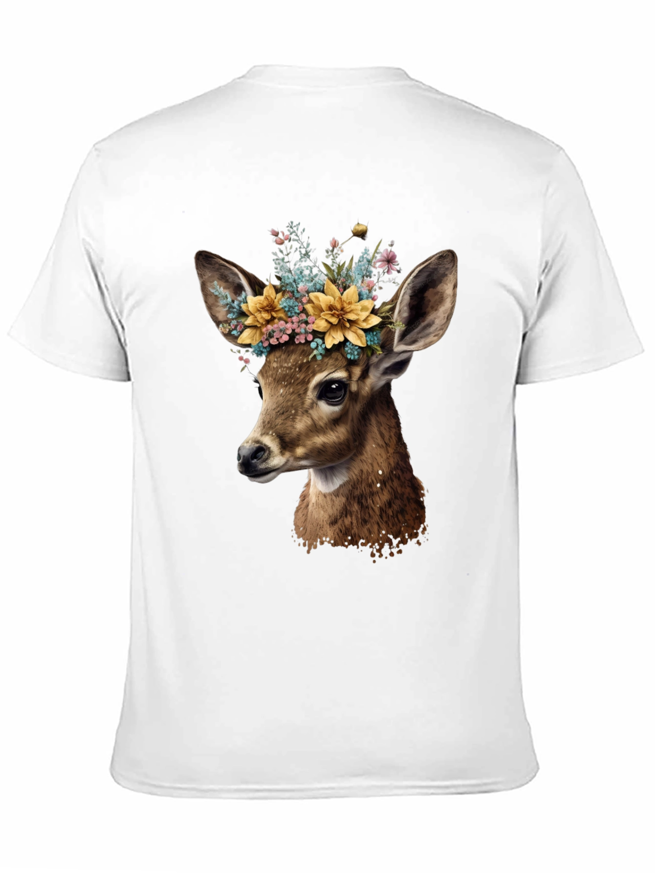 Deer with Flower Crown Black T-Shirt