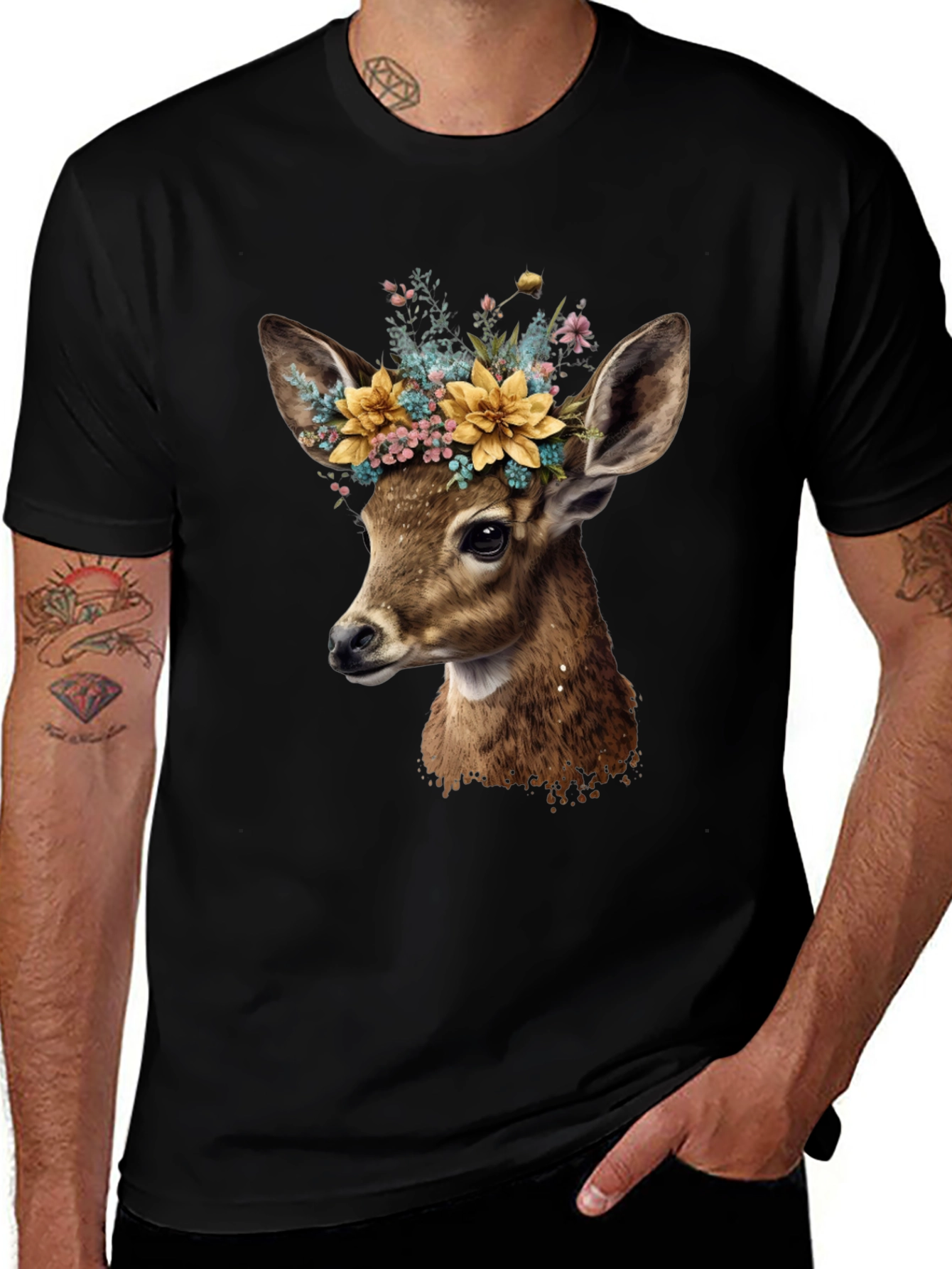 Deer with Flower Crown Black T-Shirt