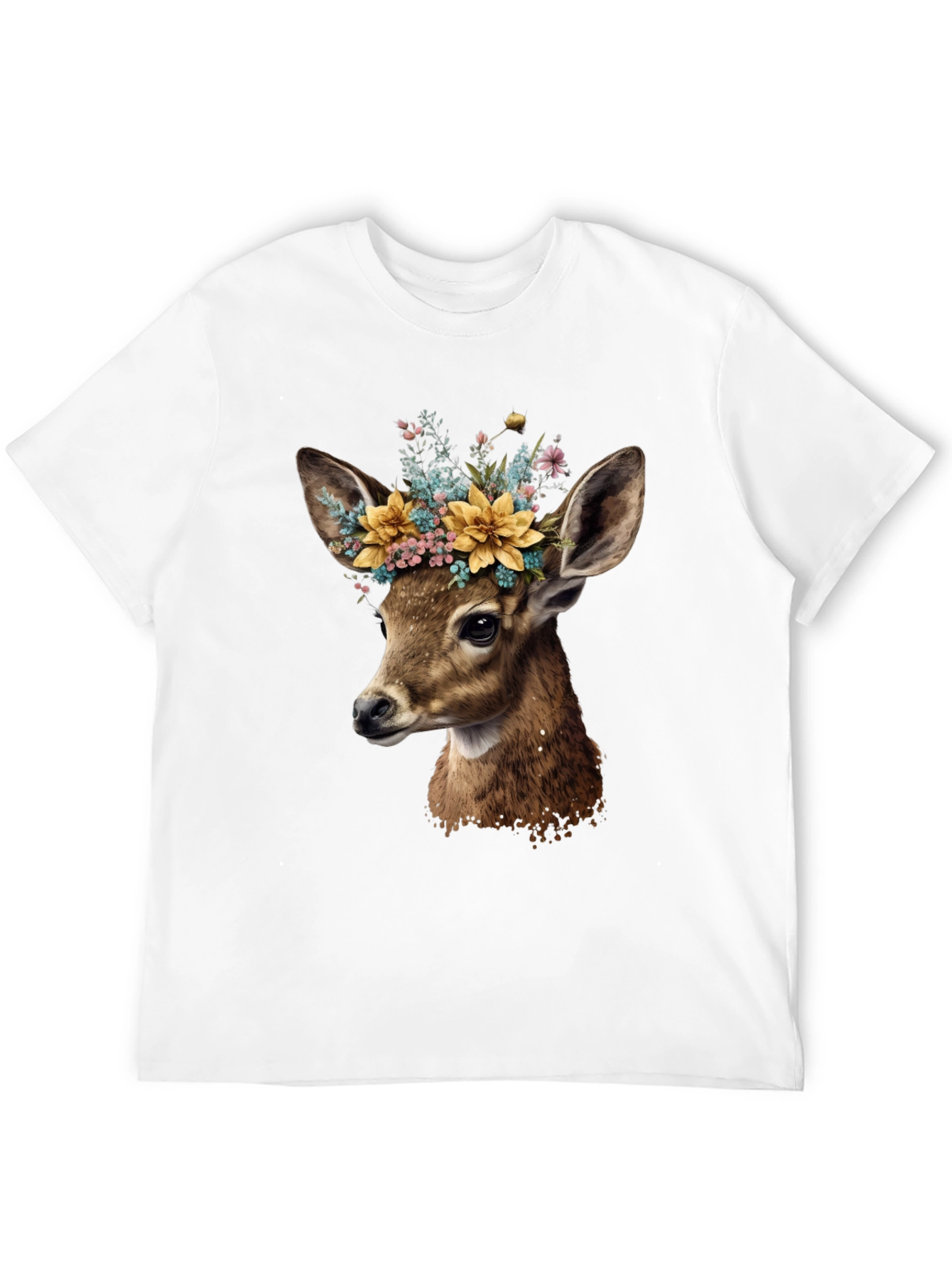 Deer with Flower Crown Black T-Shirt
