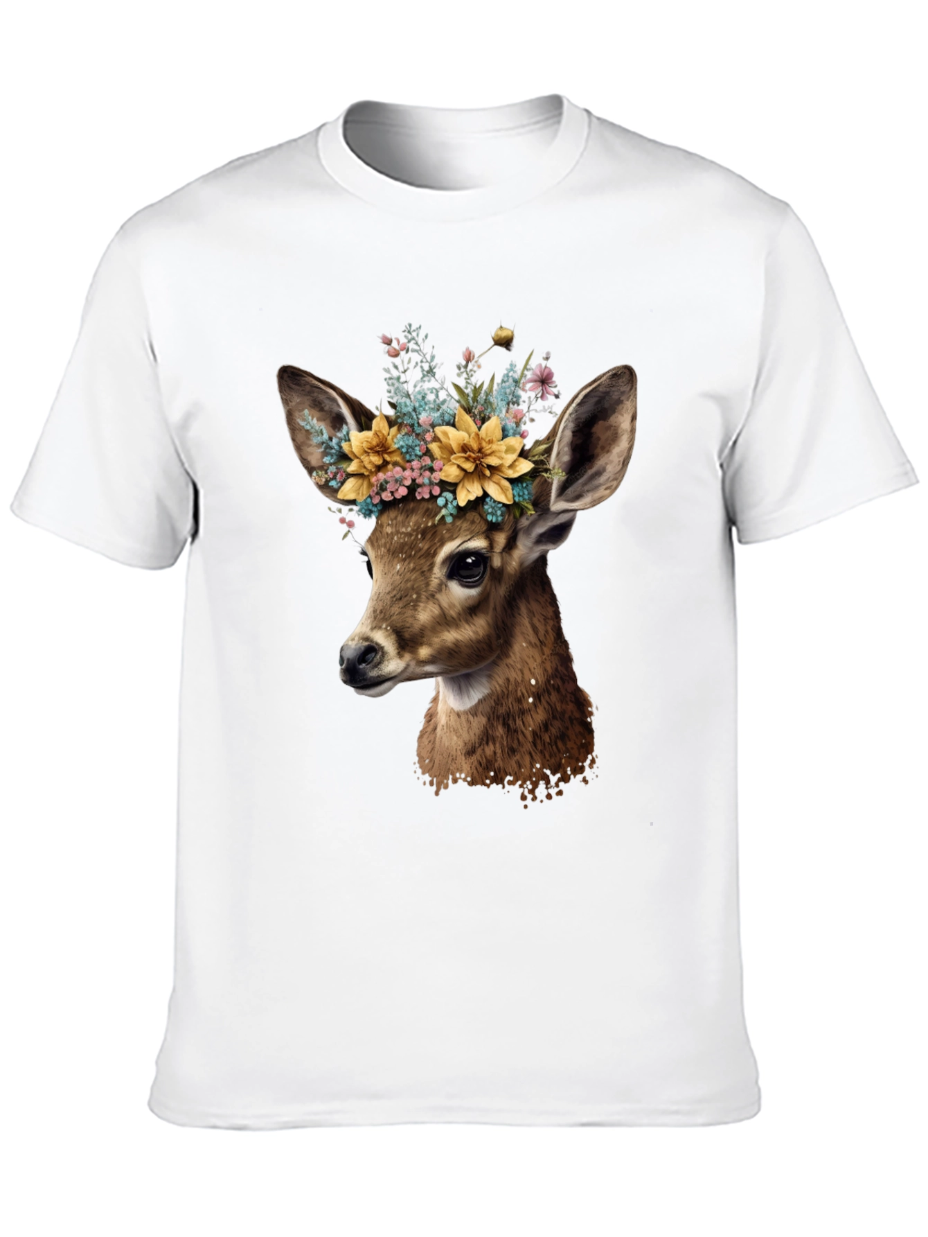 Deer with Flower Crown Black T-Shirt