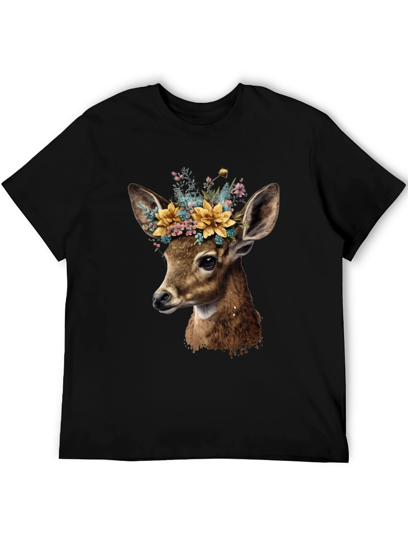 Deer with Flower Crown Black T-Shirt