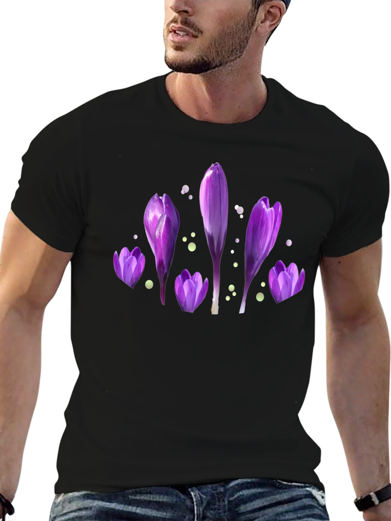 Purple Flower Print Black T-Shirt