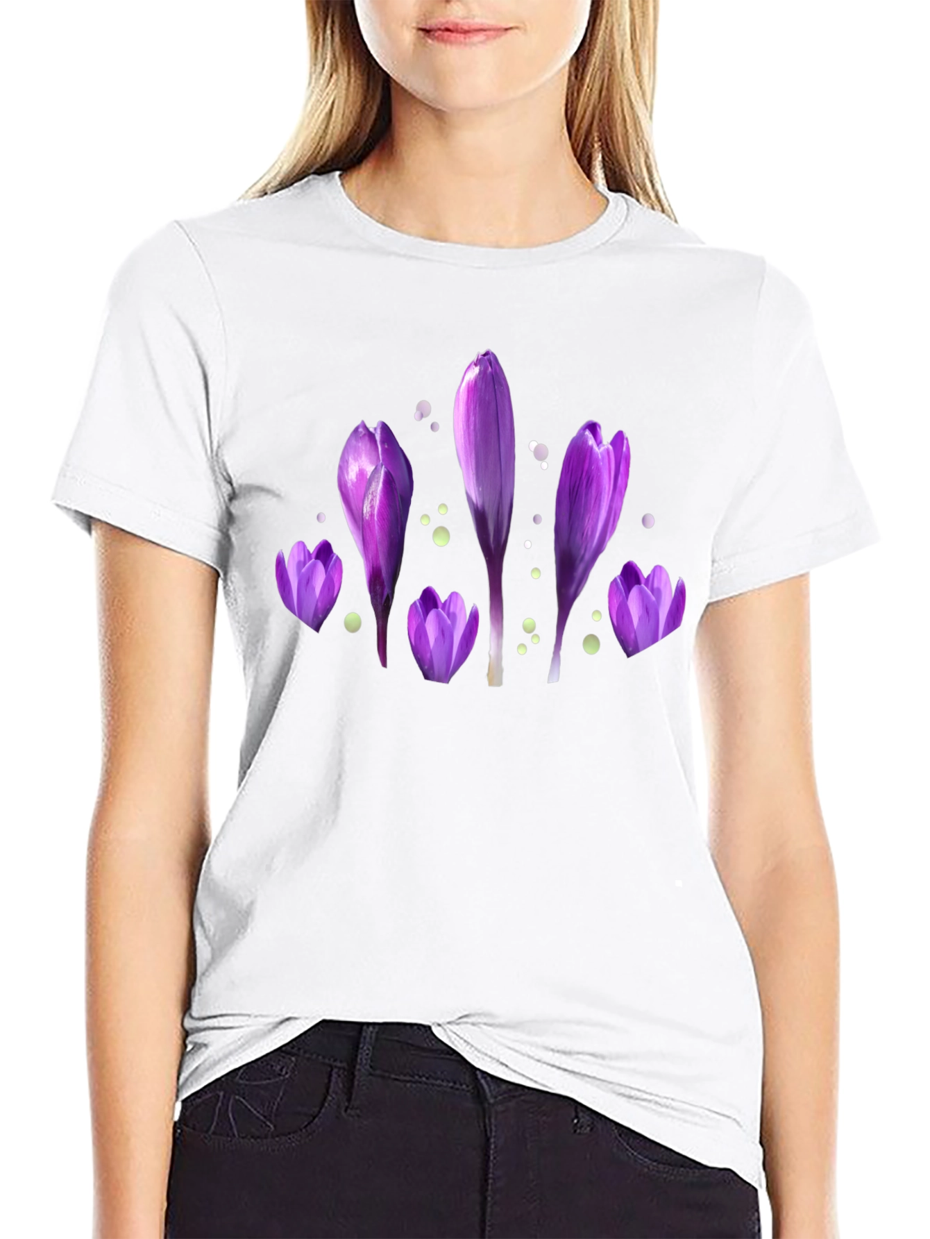 Purple Flower Print Black T-Shirt
