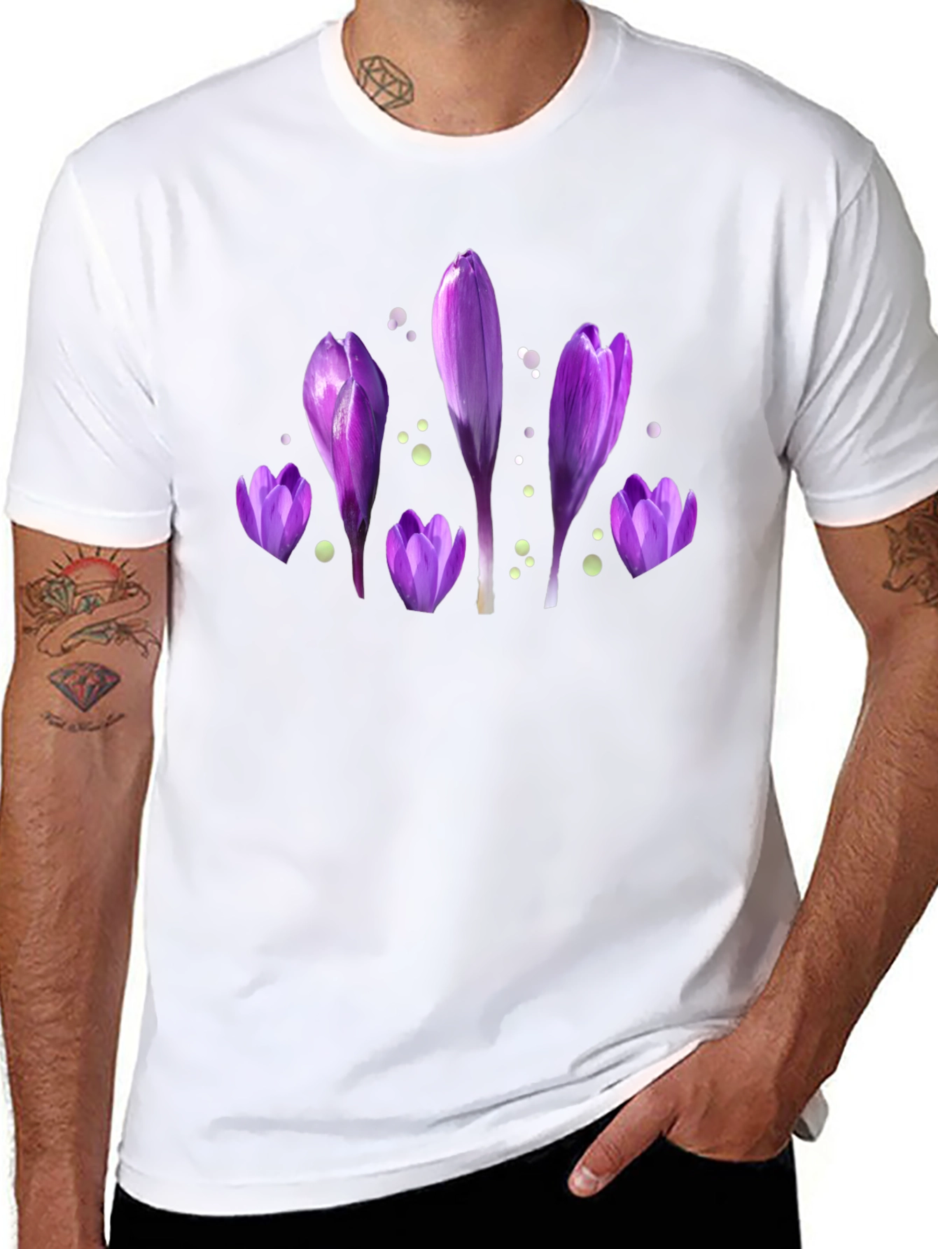 Purple Flower Print Black T-Shirt