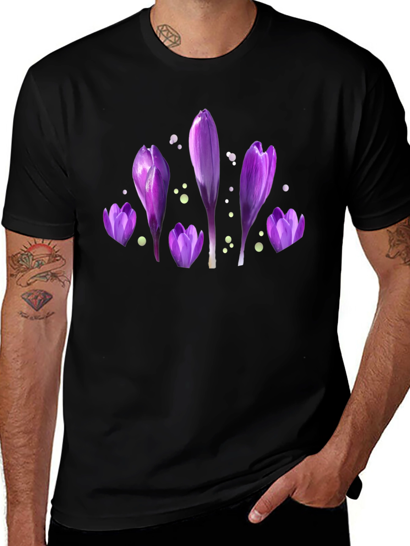 Purple Flower Print Black T-Shirt